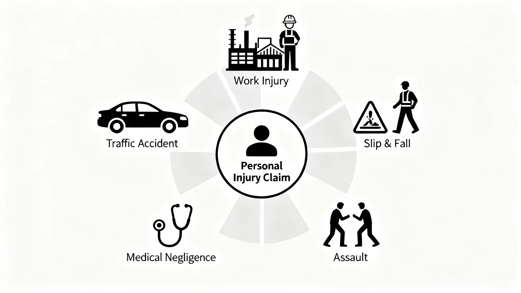 人身傷亡索償全攻略:香港律師解析意外賠償程序、金額計算與時效 3 人身傷亡索償的五種常見類別示意圖,包括交通意外、工傷、滑倒、醫療疏忽和暴力襲擊。