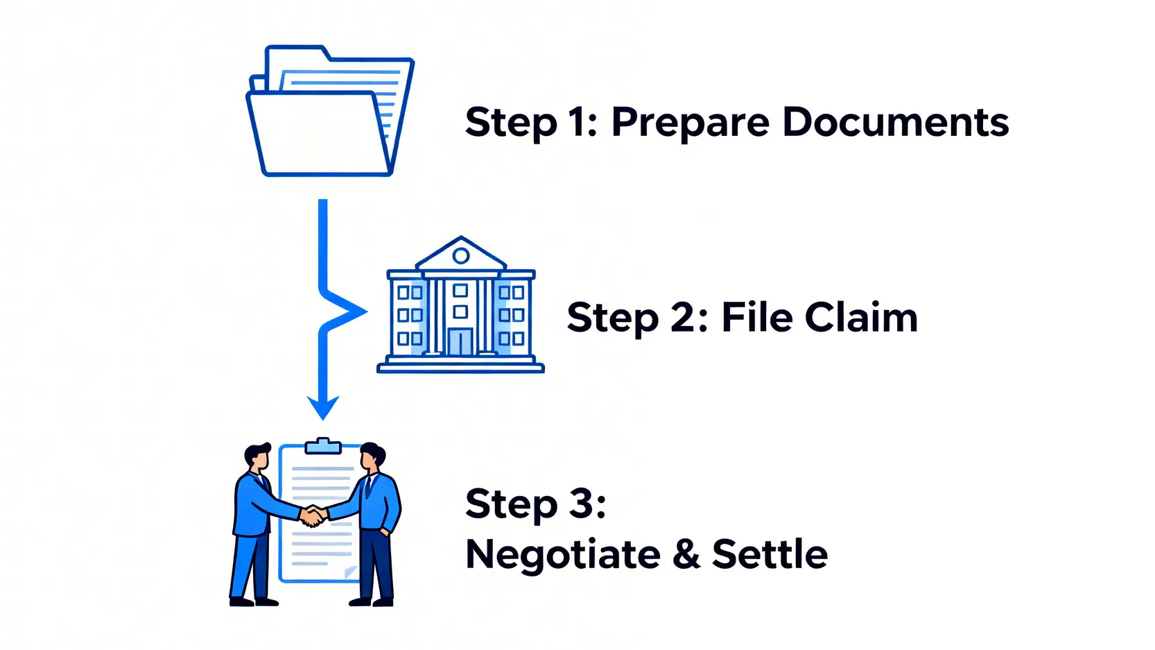 賠償額計算方法全攻略:工傷、交通意外索償金額點計?律師教你5步到位 5 提出索償的三個步驟流程圖:第一步準備文件,第二步提出申索,第三步協商解決。