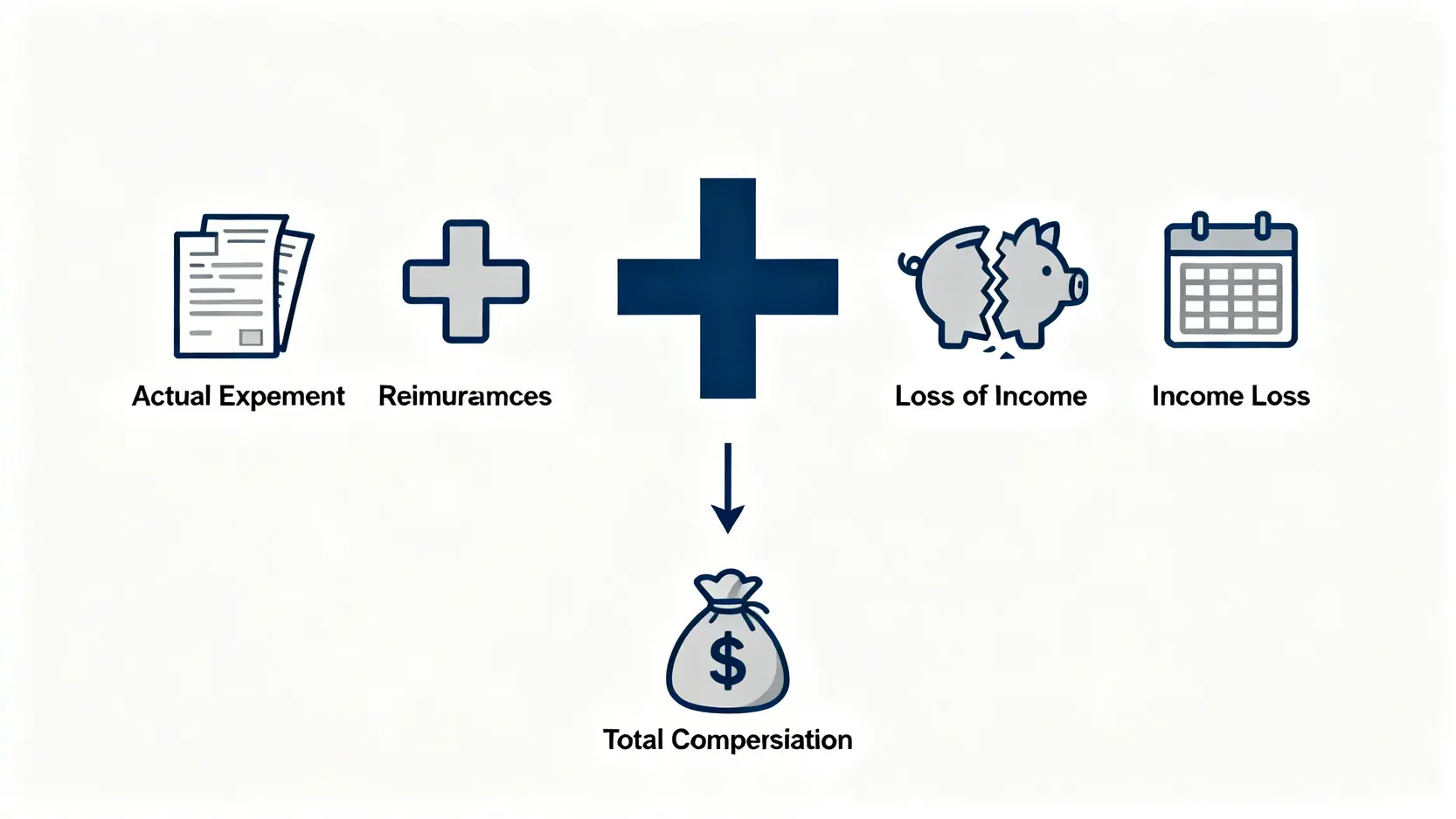 賠償額計算方法全攻略:工傷、交通意外索償金額點計?律師教你5步到位 3 兩大賠償核心原則示意圖,展示了實報實銷項目和收入損失如何構成總索償金額。