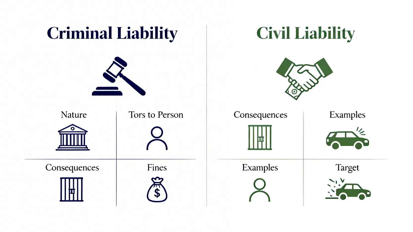 香港道路交通條例全攻略:意外處理程序、法律責任及自保指南 4 圖表比較交通意外中的刑事責任與民事責任,從性質、後果、例子和針對對象四方面進行區分。