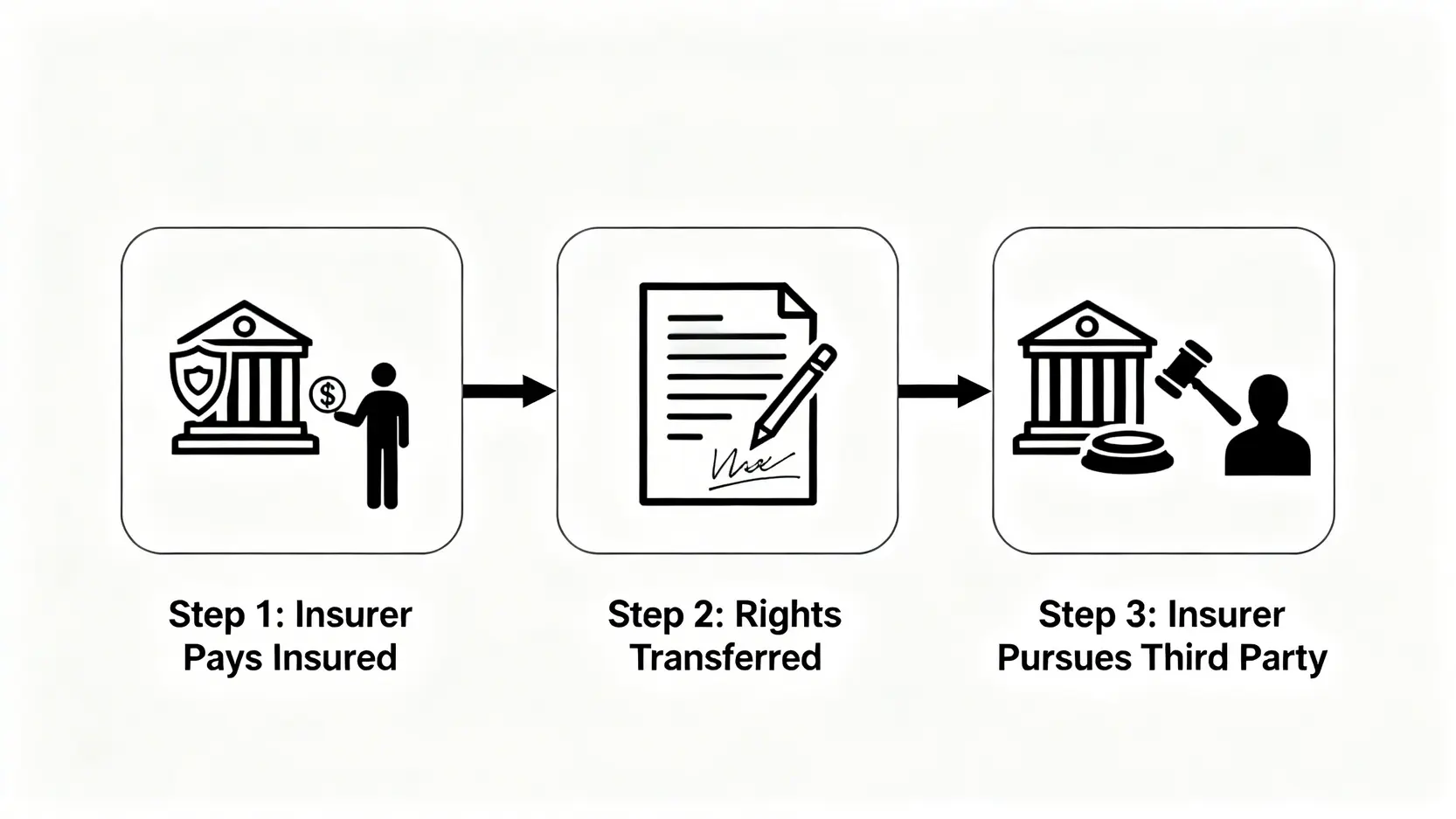 保險賠償原則全攻略:看懂彌償、損失分攤與代位追償,避免理賠爭議 4 代位追償原則的三個步驟流程圖:保險公司先賠償,再獲得追償權,最後向第三方責任人追討。