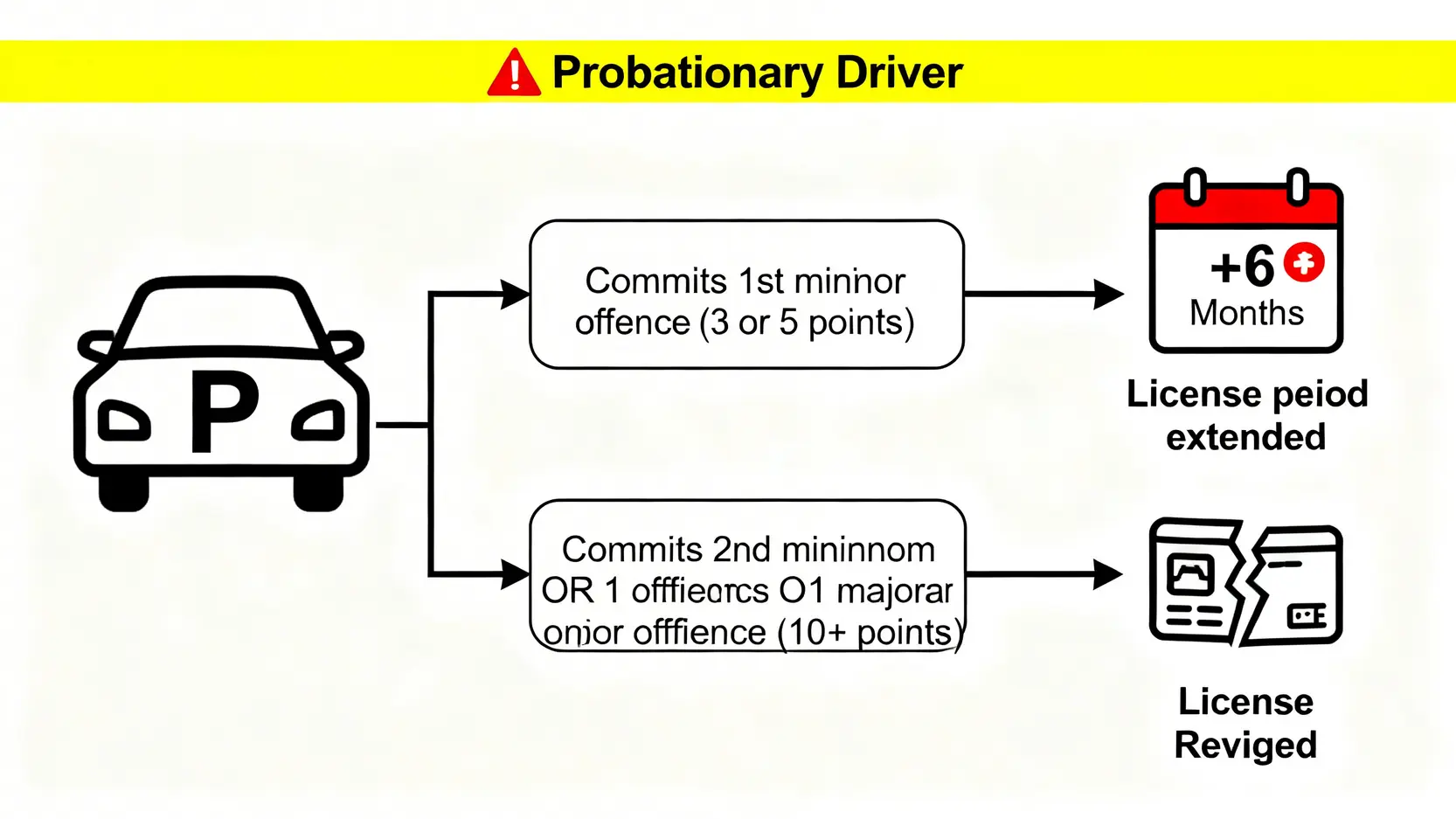 【交通告票懶人包】牛肉乾罰款、扣分上限一篇睇晒!違例駕駛記分制度全攻略 4 P牌(暫准駕駛執照)扣分制度流程圖,展示犯規一次延長牌照期和犯規兩次或嚴重犯規被撤銷牌照的後果。