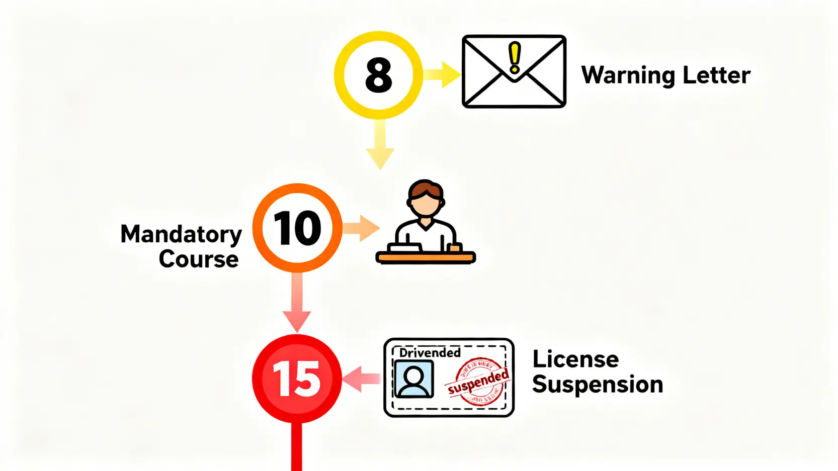 【交通告票懶人包】牛肉乾罰款、扣分上限一篇睇晒!違例駕駛記分制度全攻略 5 香港違例駕駛記分後果流程圖,顯示累積8分、10分及15分的相應處罰。