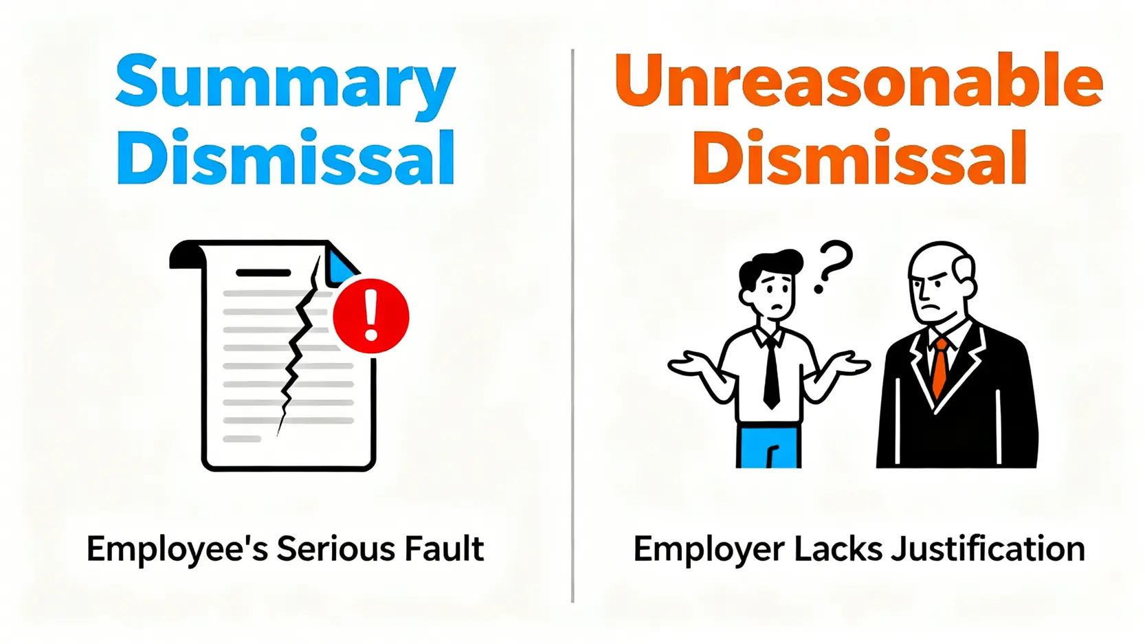 即時解僱賠償全攻略:代通知金、長期服務金及無理解僱權益 4 即時解僱與無理解僱的核心區別對比圖。