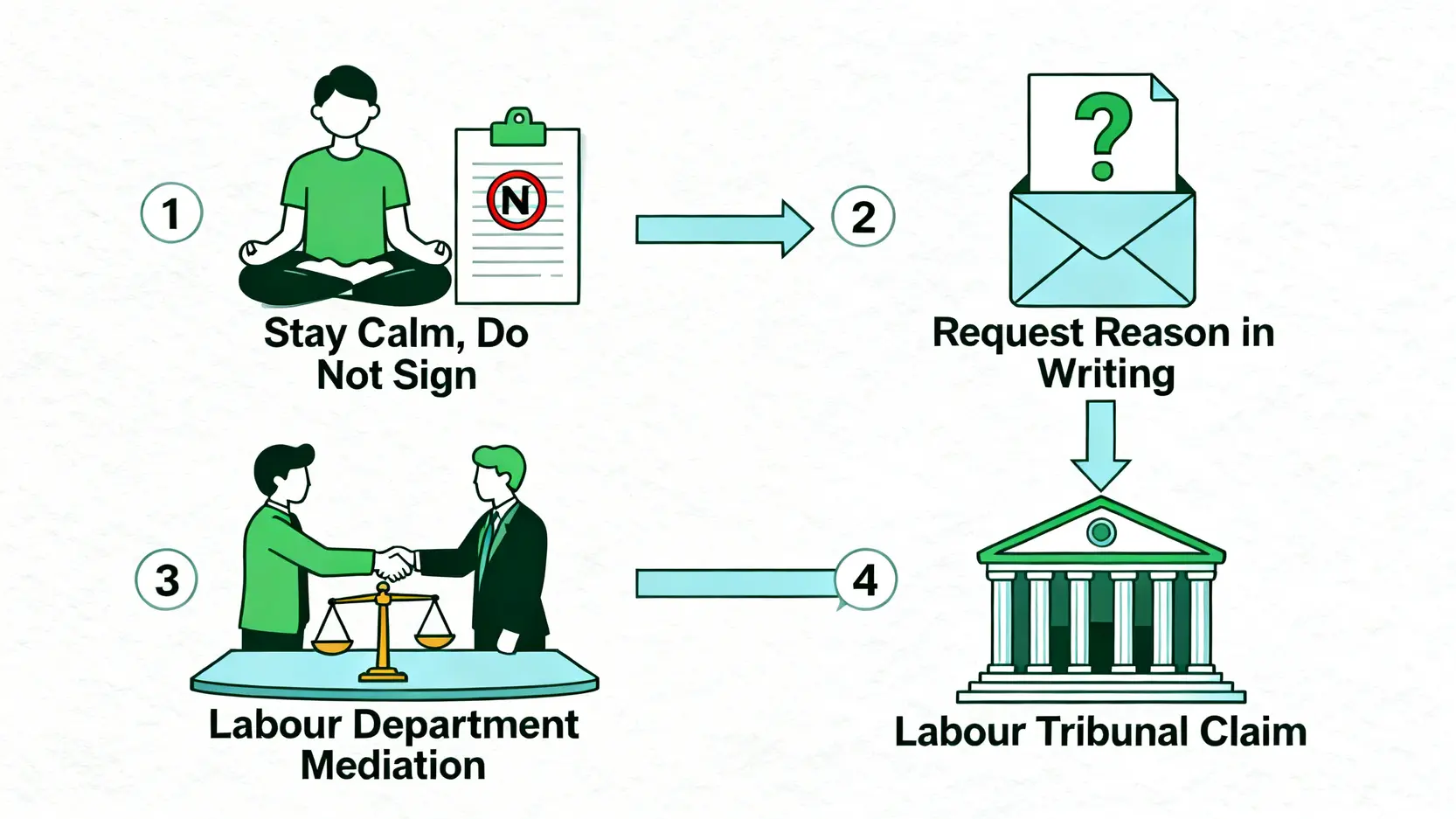 即時解僱賠償全攻略:代通知金、長期服務金及無理解僱權益 5 面對無理解僱時的四個應對步驟流程圖。