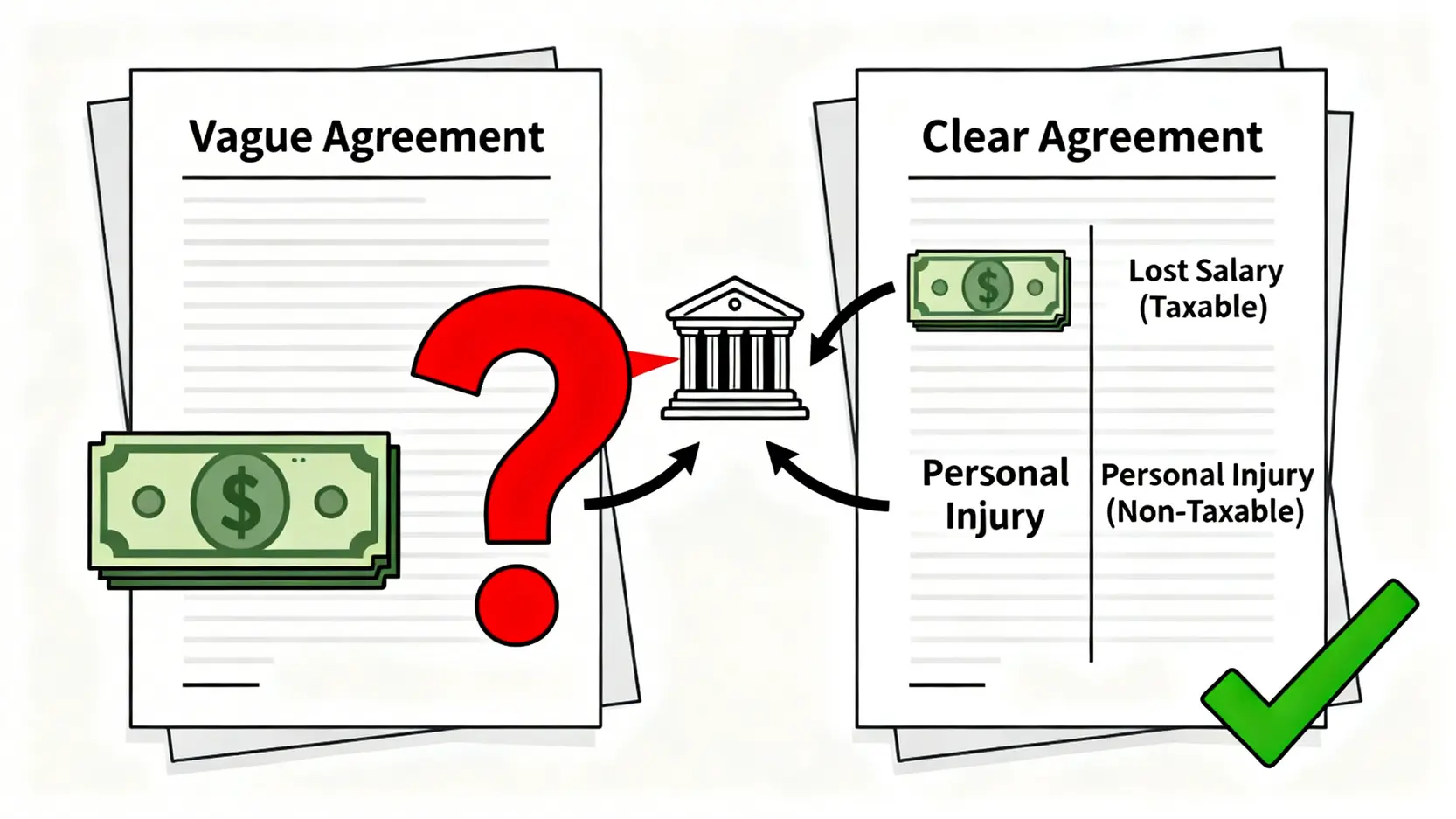 賠償金要交稅嗎?香港和解、工傷、離職賠償金報稅全攻略 4 一張對比圖顯示兩種和解協議的稅務後果:左邊模糊的和解協議導致整筆款項可能被課稅,右邊清晰劃分的協議則明確了應課稅與免稅的部分。
