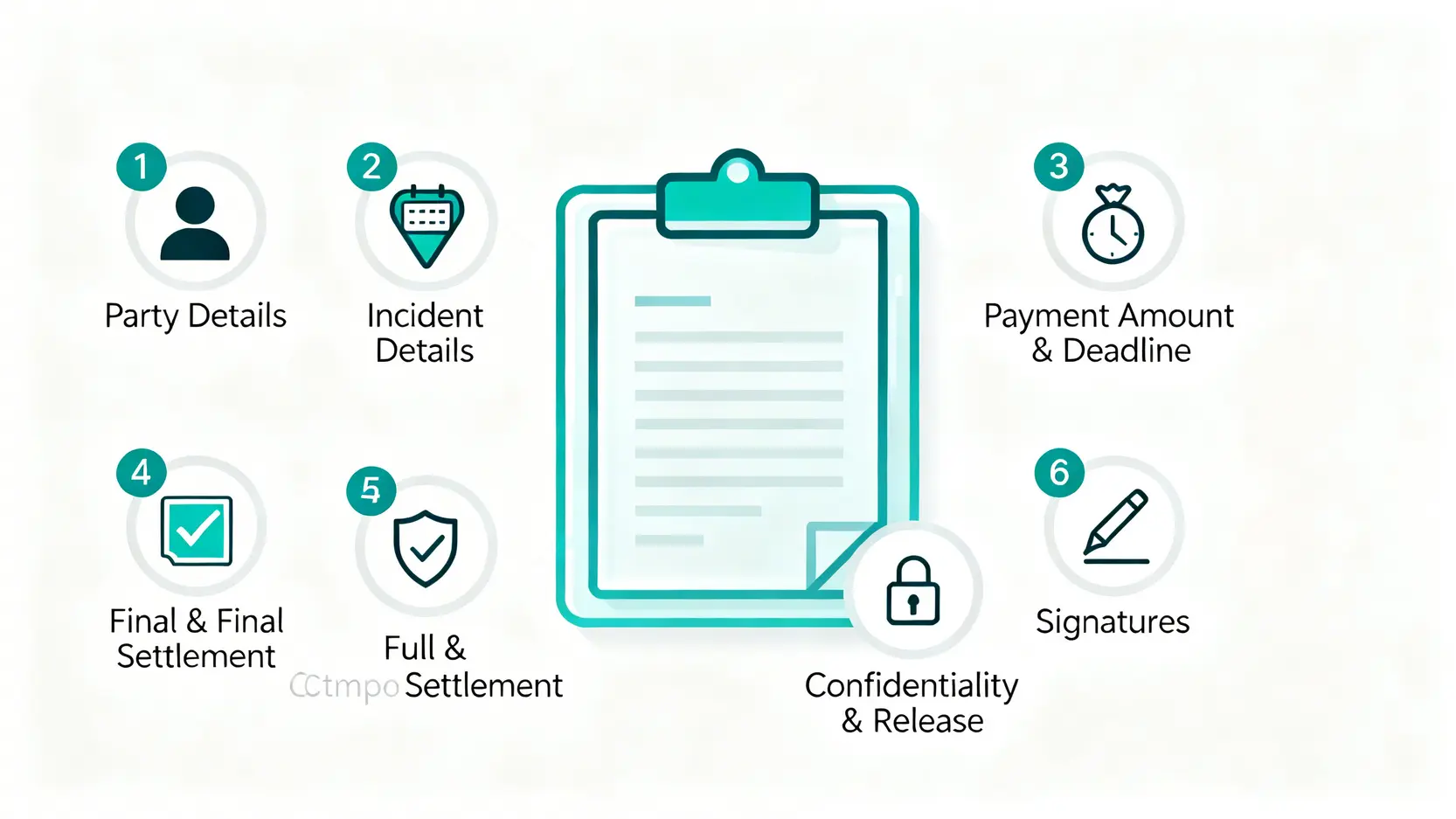 【賠償協議書範本香港】律師詳解和解協議效力、工傷簽署5大注意事項 4 一張信息圖,展示了構成一份完整的香港和解協議書所需的六大核心條款。