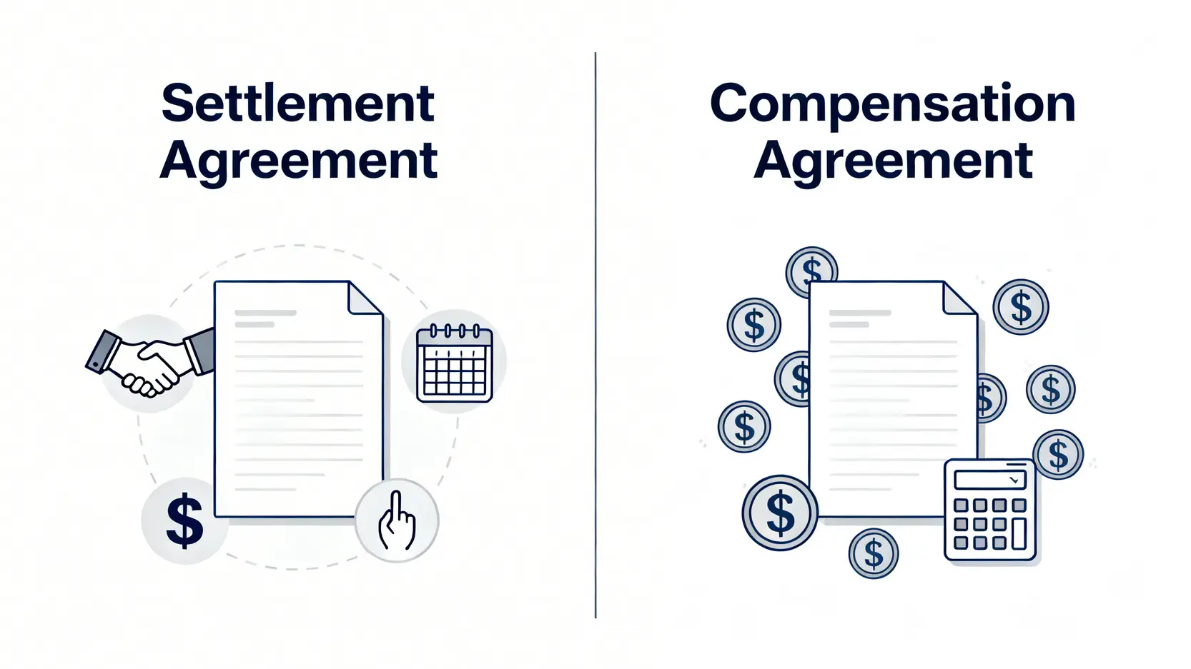 【賠償協議書範本香港】律師詳解和解協議效力、工傷簽署5大注意事項 3 和解協議書與賠償協議書的區別對比圖,展示了和解協議涵蓋範圍更廣而賠償協議更專注於金錢。