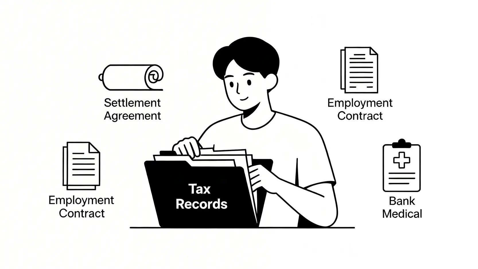 【賠償金報稅懶人包】和解金/工傷賠償洗唔洗交稅?一文睇清申報方法 5 報稅時需要保留的證明文件示意圖,包括和解協議、僱傭合約、醫療報告及銀行月結單等。