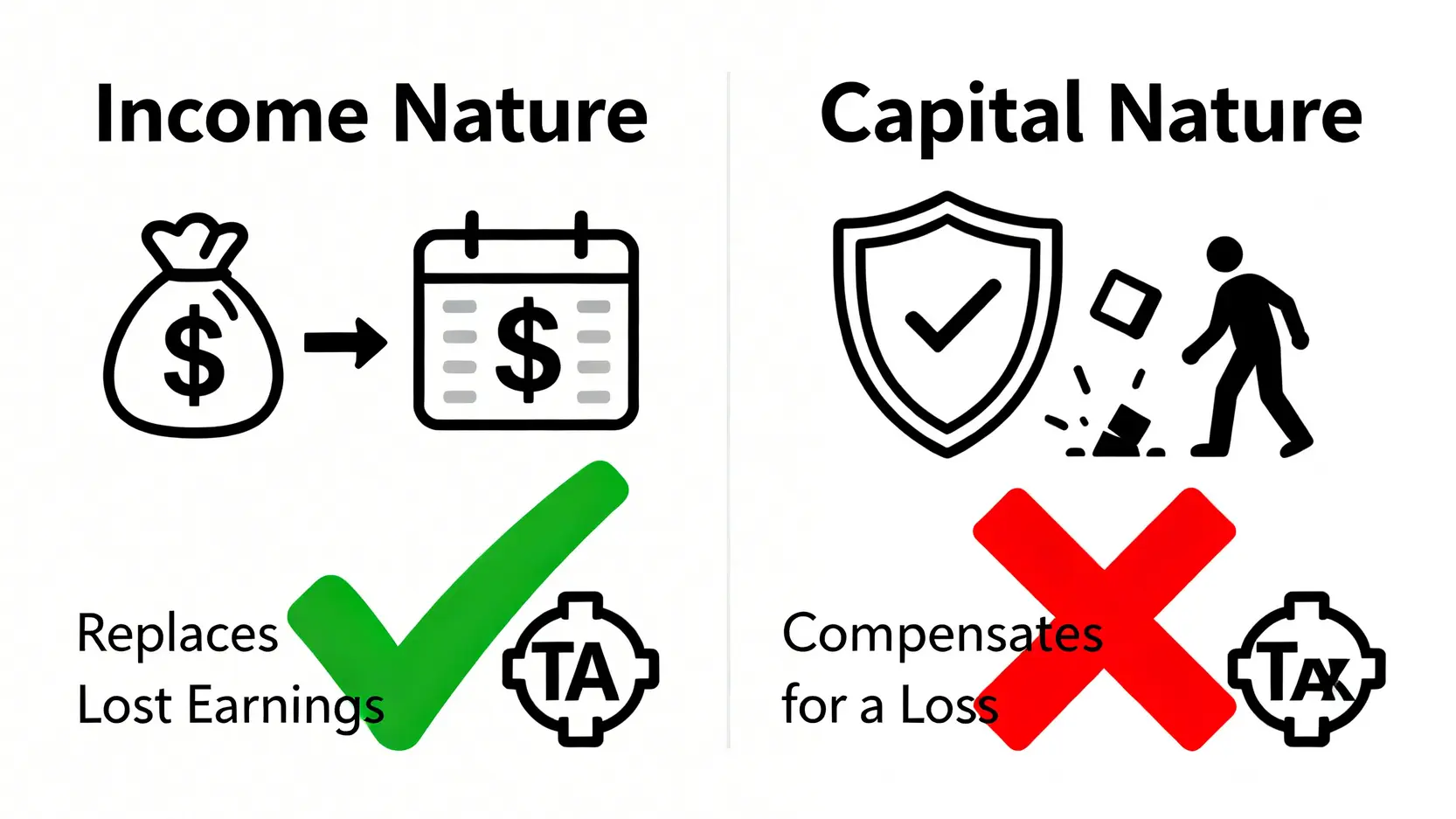 【賠償金報稅懶人包】和解金/工傷賠償洗唔洗交稅?一文睇清申報方法 3 收入性質與資本性質賠償的對比圖,左邊顯示收入性質賠償需課稅,右邊顯示資本性質賠償免稅。