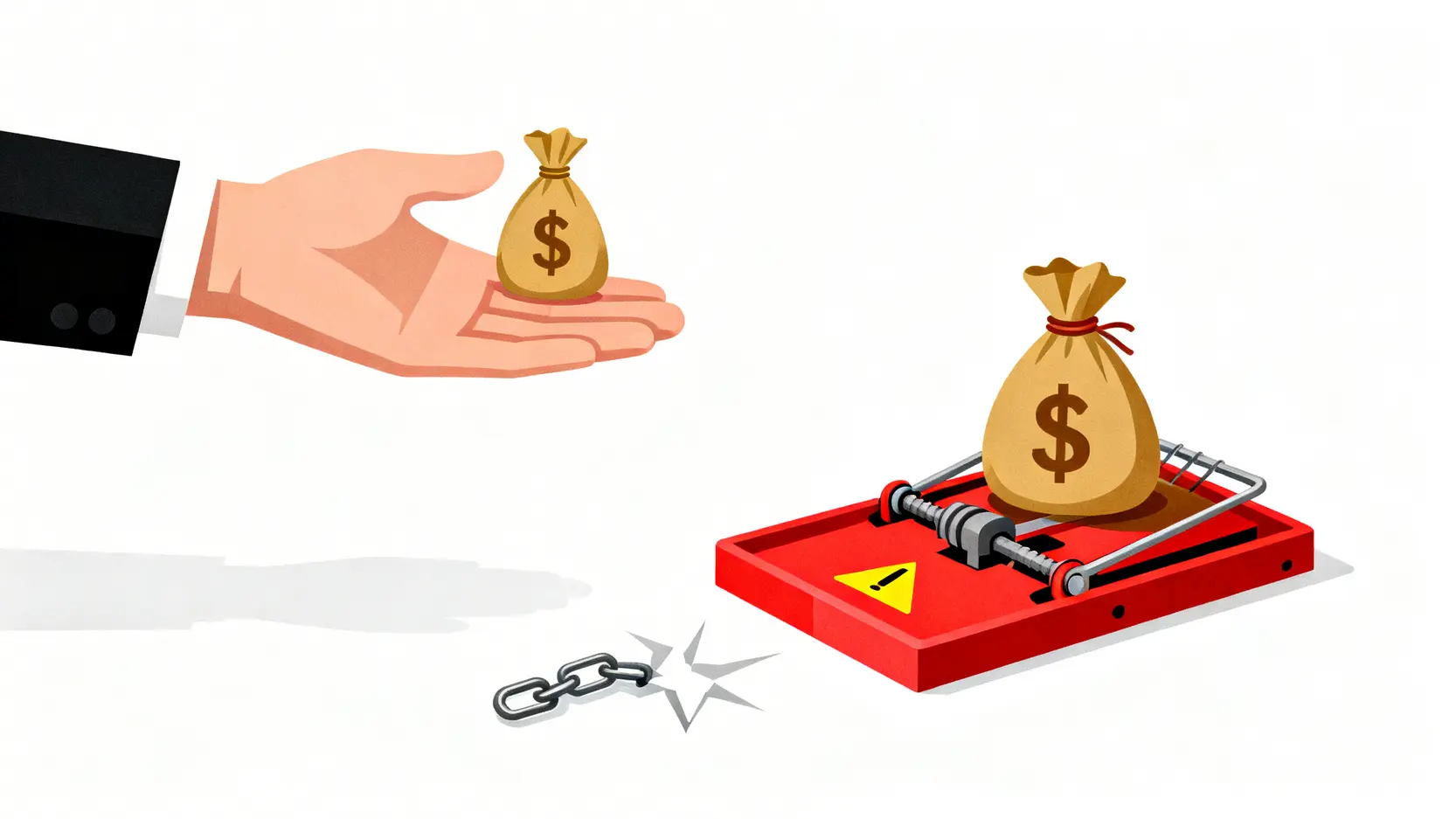 意外索償程序全攻略(2026香港):由申請時間、文件準備到和解談判一篇搞定 4 一張概念圖,顯示一隻手提供一袋錢,而這袋錢被描繪成一個捕鼠器上的誘餌,警示私下和解可能是一個陷阱。