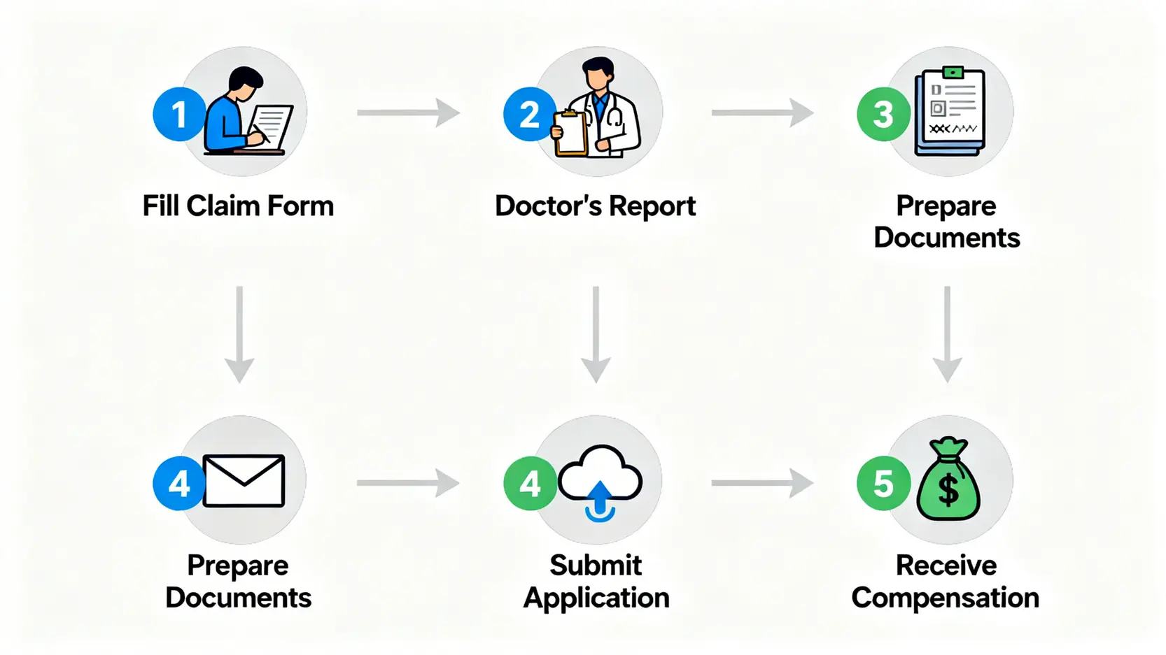 意外索償程序全攻略(2026香港):由申請時間、文件準備到和解談判一篇搞定 3 香港意外索償程序的五大步驟流程圖,包括填寫申請表、醫生報告、準備文件、提交申請及收取賠償。
