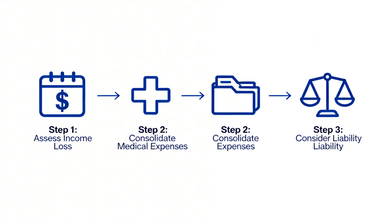 交通意外賠償金額點樣計?律師教你5大索償項目+人身傷亡計算攻略 4 一個展示交通意外人身傷亡賠償計算三個步驟的流程圖,包括評估收入損失、整合醫療開支和考慮過失責任。