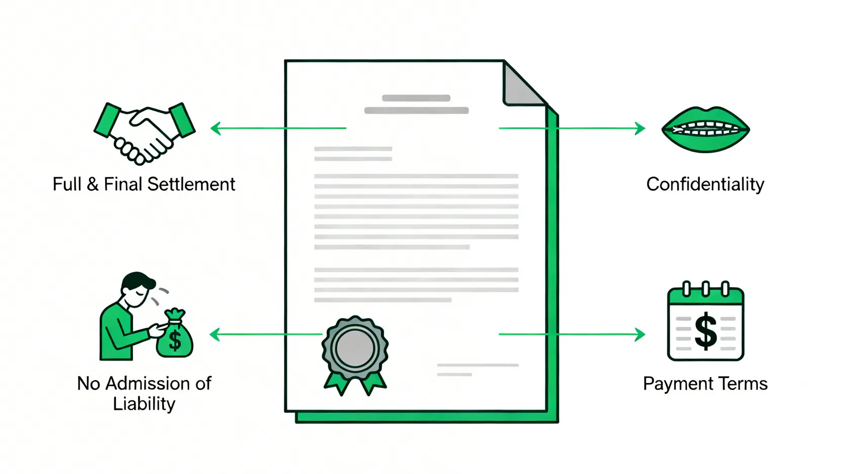 【追討賠償英文全攻略】索償信 (Demand Letter) 範本 + 和解協議書英文模板 5 和解協議書的四大關鍵條款概念圖,包括完全解決、保密、不承認責任和付款條款。