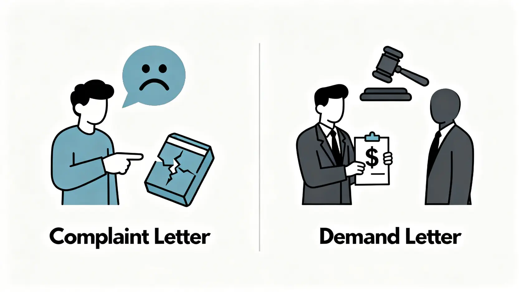 【追討賠償英文全攻略】索償信 (Demand Letter) 範本 + 和解協議書英文模板 3 投訴信與索償信的區別對比圖,展示了兩者在目的和嚴肅性上的不同。