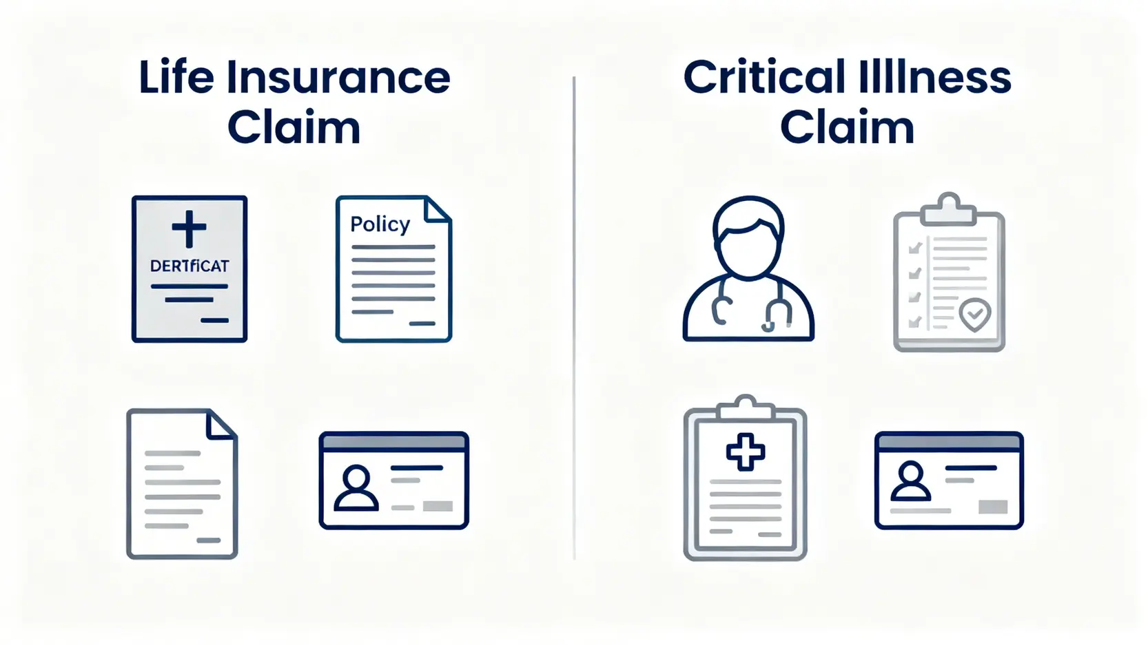 保險索償要幾耐?一文睇清人壽、危疾索償時間線+加快批核5大技巧 3 一張對比圖,清楚列出人壽保險與危疾保險索償時所需的核心文件,例如死亡證與醫療報告。