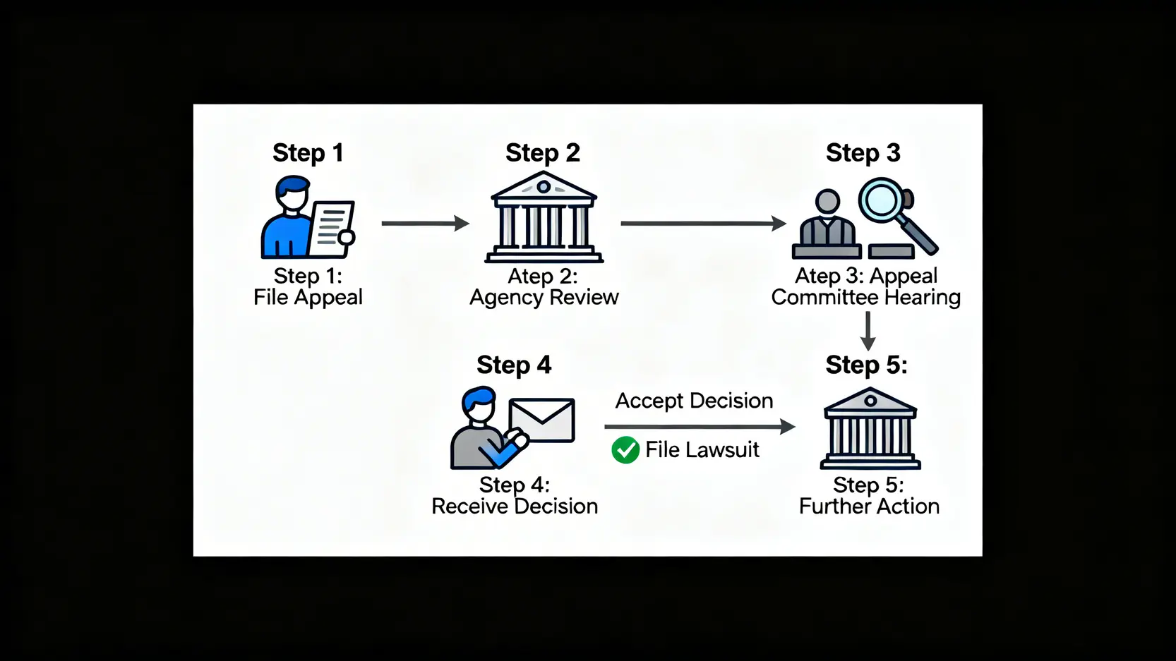 訴願程序懶人包:圖解訴願流程、提起期間與花費時間全攻略 3 一張清晰的訴願流程圖,展示了從提起訴願、機關審查、訴願會審理、收到決定到後續救濟的五個關鍵步驟。
