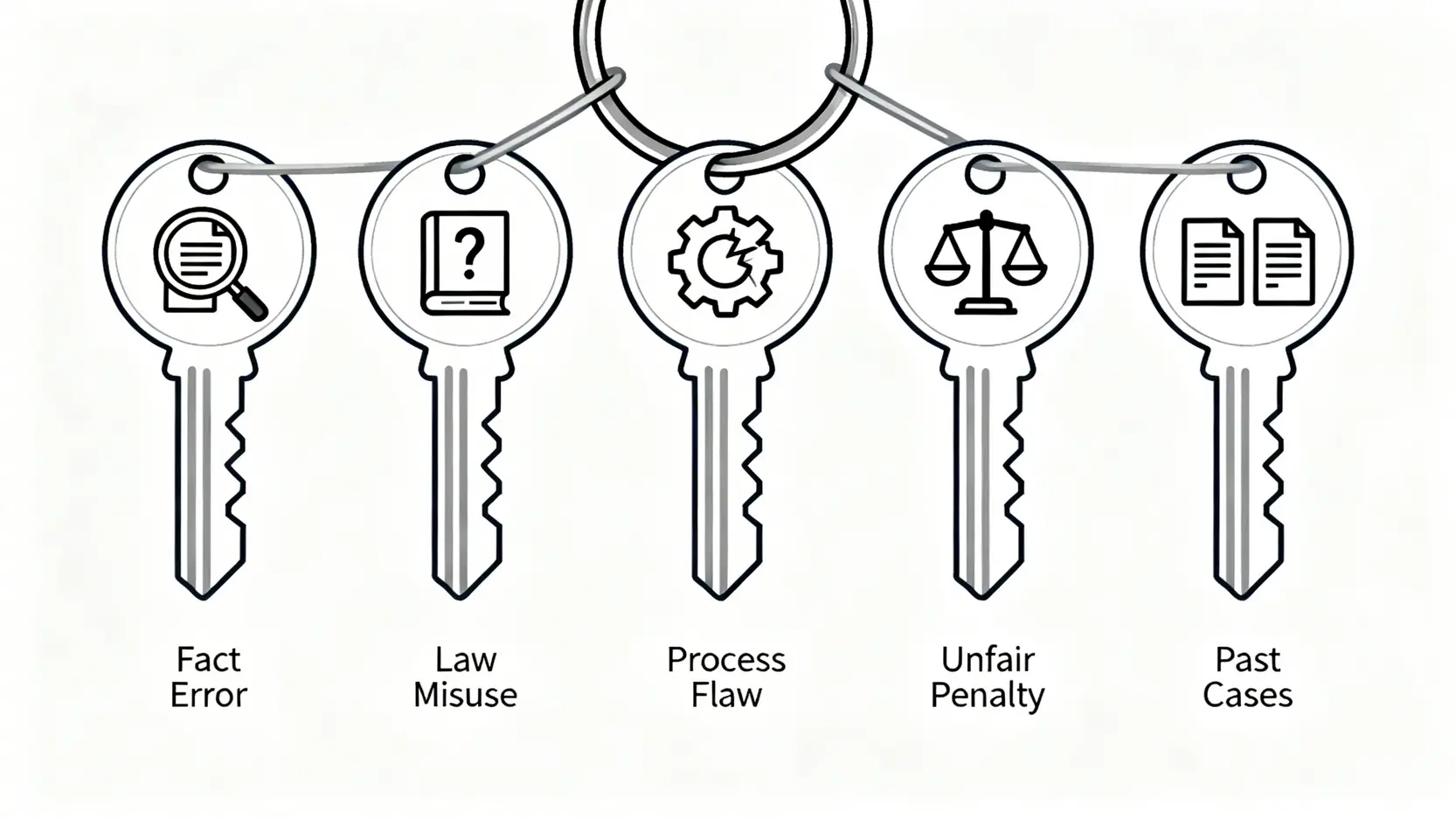 【行政上訴教學】上訴通知書點寫?2026最新範本下載及上訴理由撰寫5大技巧 4 一張概念圖,展示了五把鑰匙,分別代表上訴的五大理由:事實認定有誤、法律應用不當、程序不公、處罰不合比例及引用案例。