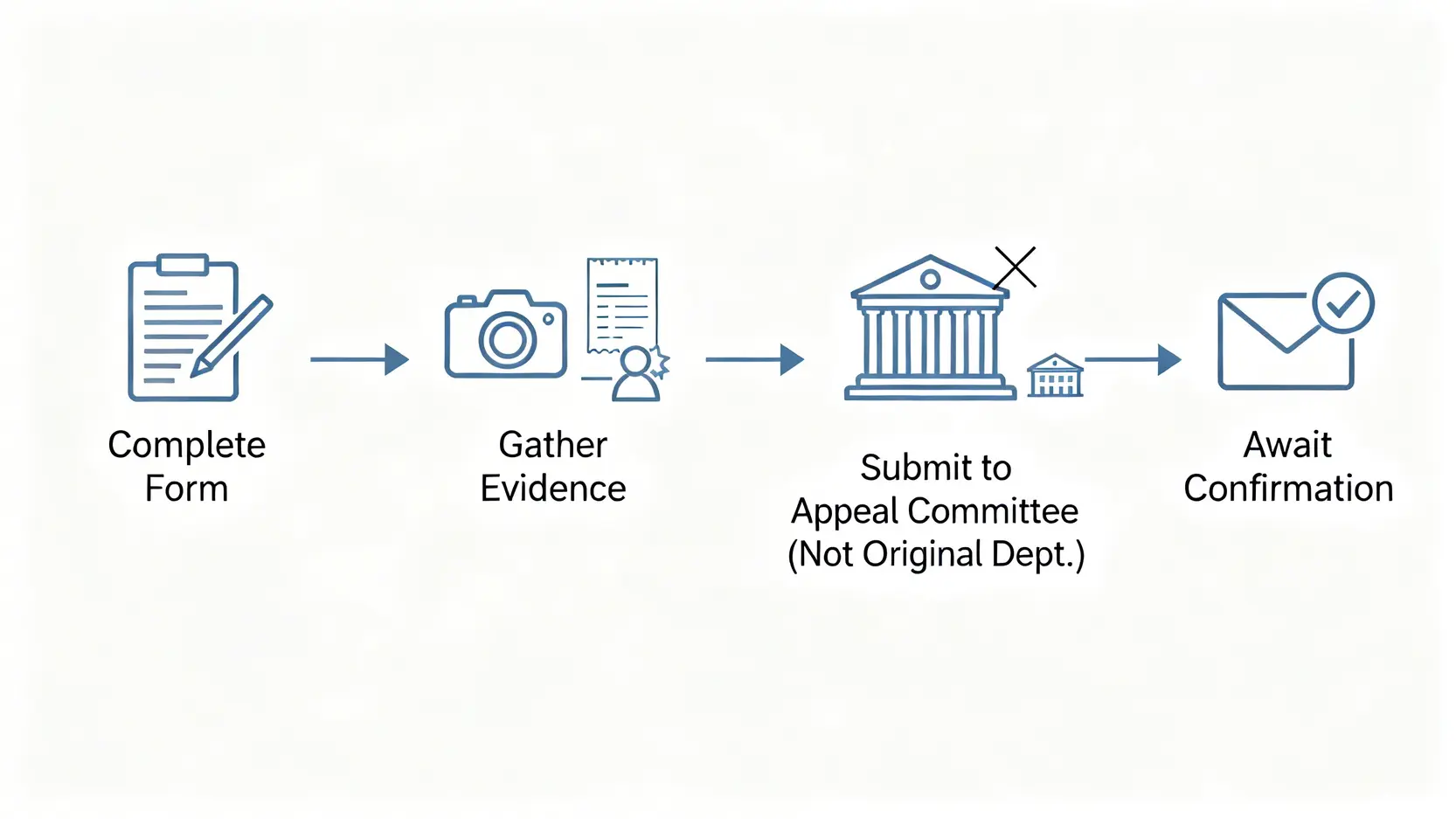 【行政上訴教學】上訴通知書點寫?2026最新範本下載及上訴理由撰寫5大技巧 5 一張流程圖,展示了上訴書的遞交流程,包括填寫表格、準備證據、遞交至正確的上訴委員會以及等待確認四個步驟。