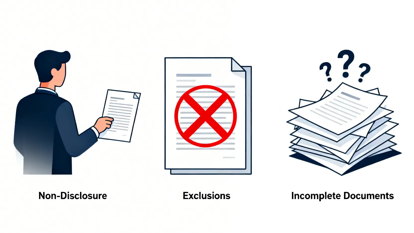 保險索償全攻略:人壽、危疾、意外保險賠償金額、程序及時限 4 三大常見保險索償失敗原因圖解:未披露重要事實、超出保障範圍以及文件不齊。