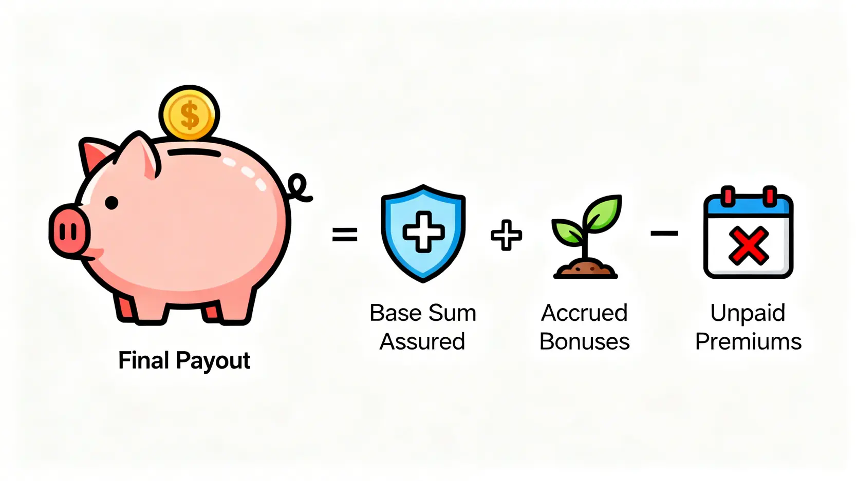 保險索償全攻略:人壽、危疾、意外保險賠償金額、程序及時限 3 人壽保險賠償金額計算公式示意圖,顯示最終賠償由基本保額、紅利和未繳保費組成。