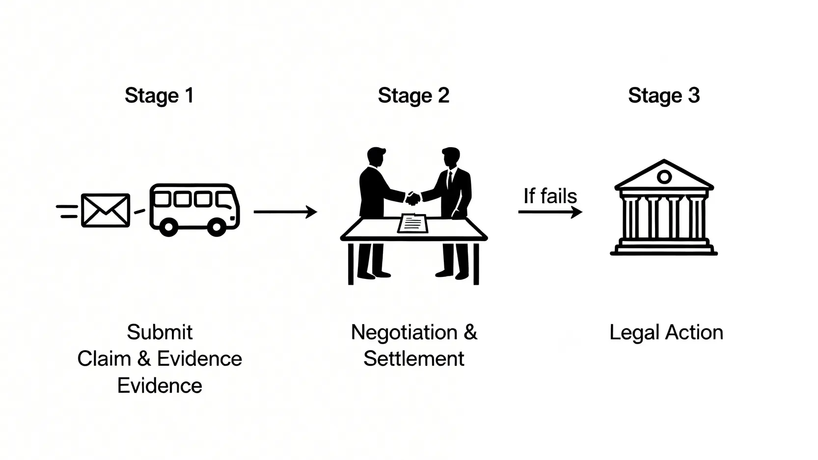 【巴士意外索償全攻略】搭九巴/城巴整親?律師教你5步追討賠償 5 巴士意外索償流程圖,展示從提交索償信、與保險公司談判到最終採取法律行動的三個階段。
