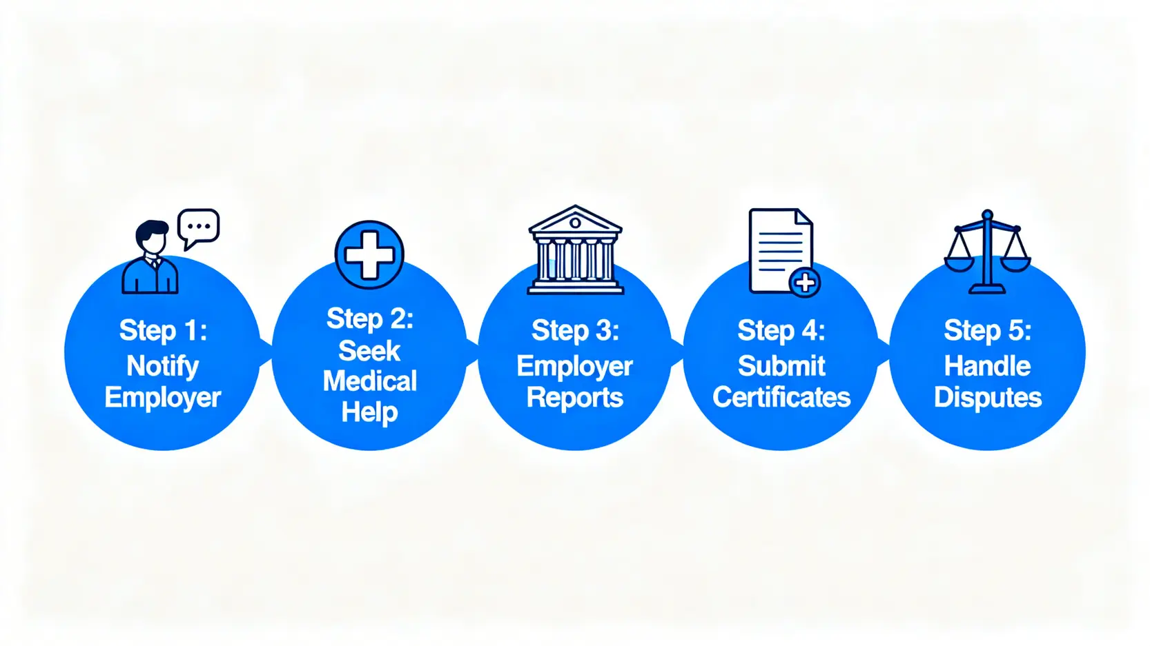 兼職工傷懶人包:Part-time工傷點樣報?5步掌握補償計算、病假錢 3 兼職工傷申報流程圖,包含通知僱主、求醫、僱主呈報、提交醫生紙、處理爭議五個步驟。