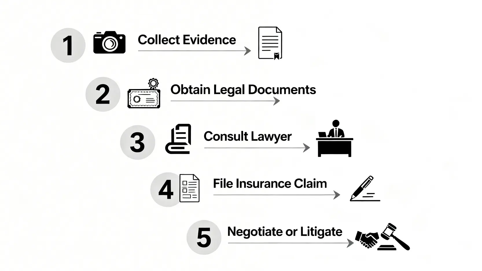 交通意外死亡索償終極指南:家屬程序、金額計算、保險恩恤金 4 車禍死亡家屬索償的五個主要步驟流程圖。