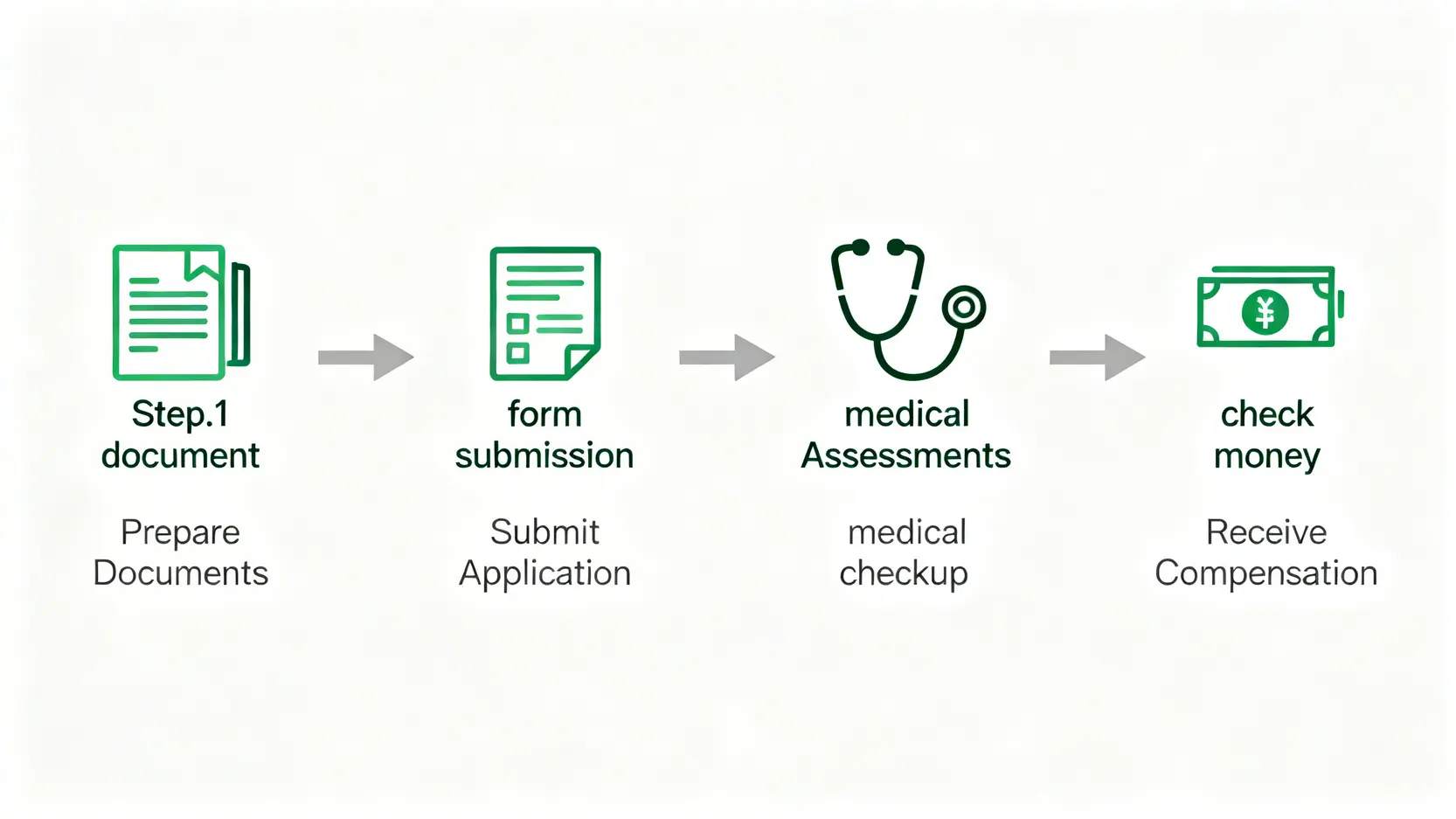 職業性失聰賠償的四個申請步驟流程圖，從準備文件、提交申請、接受評估到領取補償。