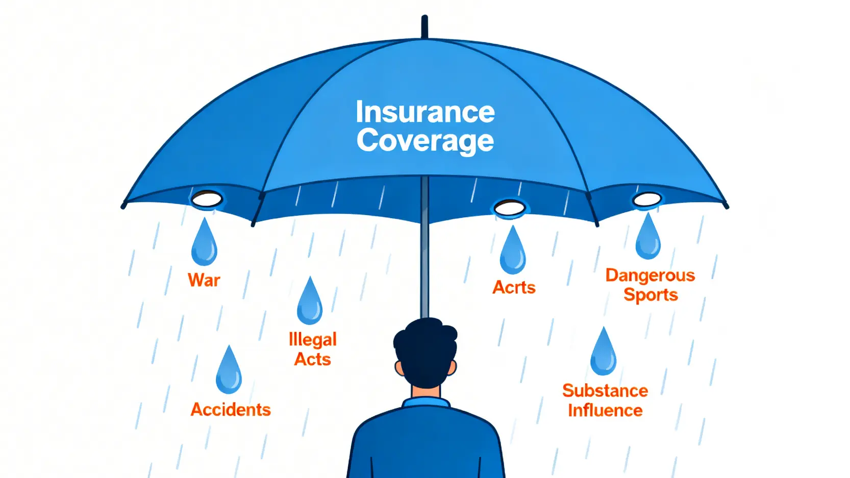 意外保險索償全攻略:由Claim Form下載到賠償上限一篇搞懂 4 概念圖解釋保險不保事項,一把有破洞的保障傘,雨水從標示著戰爭、非法行為、危險活動的洞中漏下。