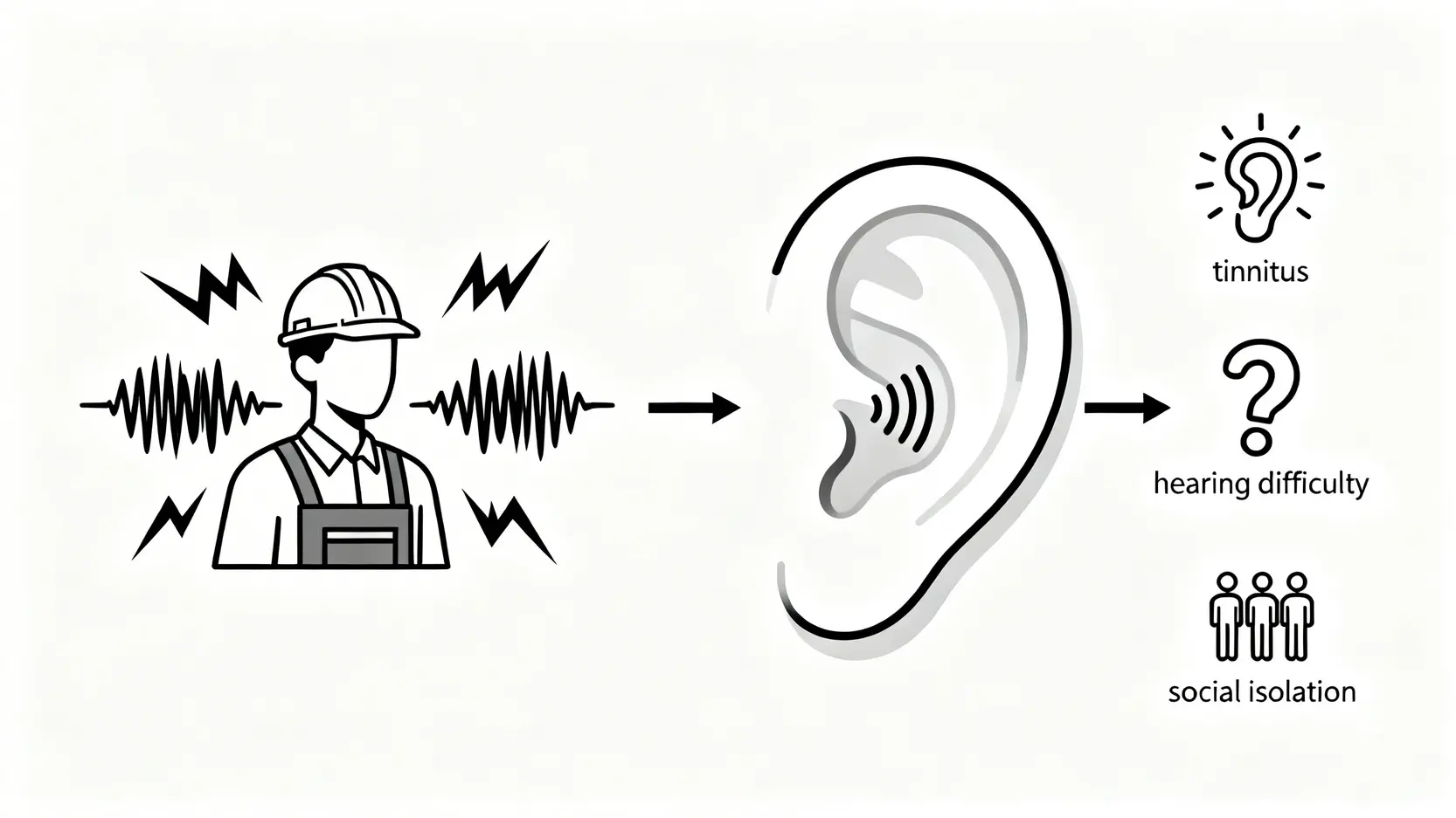 【職業性失聰補償2026】申請資格、賠償金額、流程懶人包,噪音工作者必睇! 3 一張圖解說明職業性失聰的成因與症狀,展示了噪音如何影響耳朵並導致耳鳴和溝通困難。