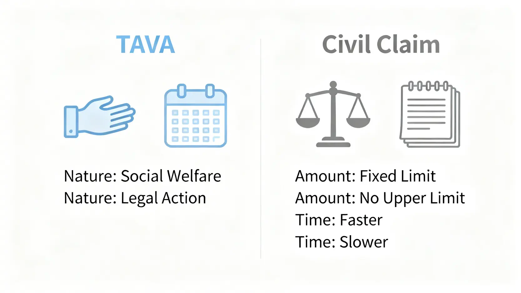 一張對比圖，展示了交通意外傷亡援助計劃（TAVA）與民事索償在性質、賠償金額和處理時間上的主要區別。