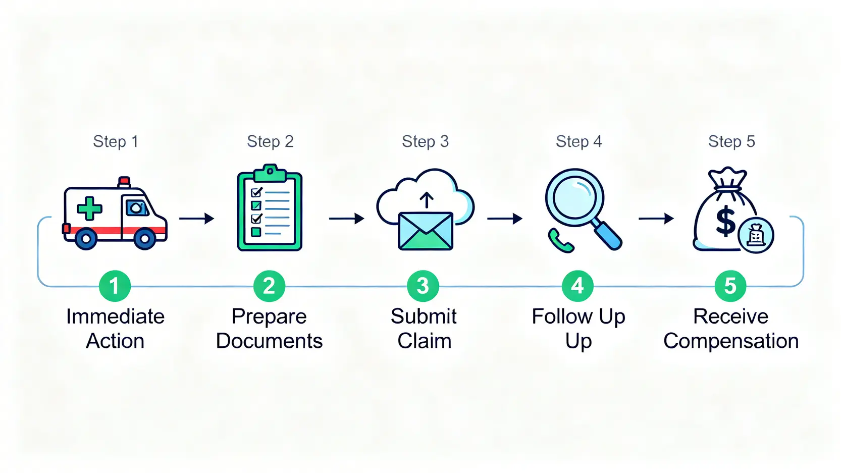 意外醫療保險Claim錢終極指南:索償流程、賠償範圍及香港保險比較 4 人身意外保險索償五步驟流程圖,包括即時處理、準備文件、遞交申請、跟進審核和獲取賠償。