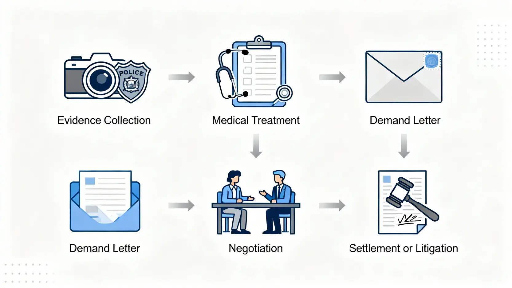交通意外民事索償全攻略:和解程序、疏忽索償及律師收費懶人包 4 交通意外民事索償的五個步驟流程圖,從現場搜證到最終和解或訴訟。