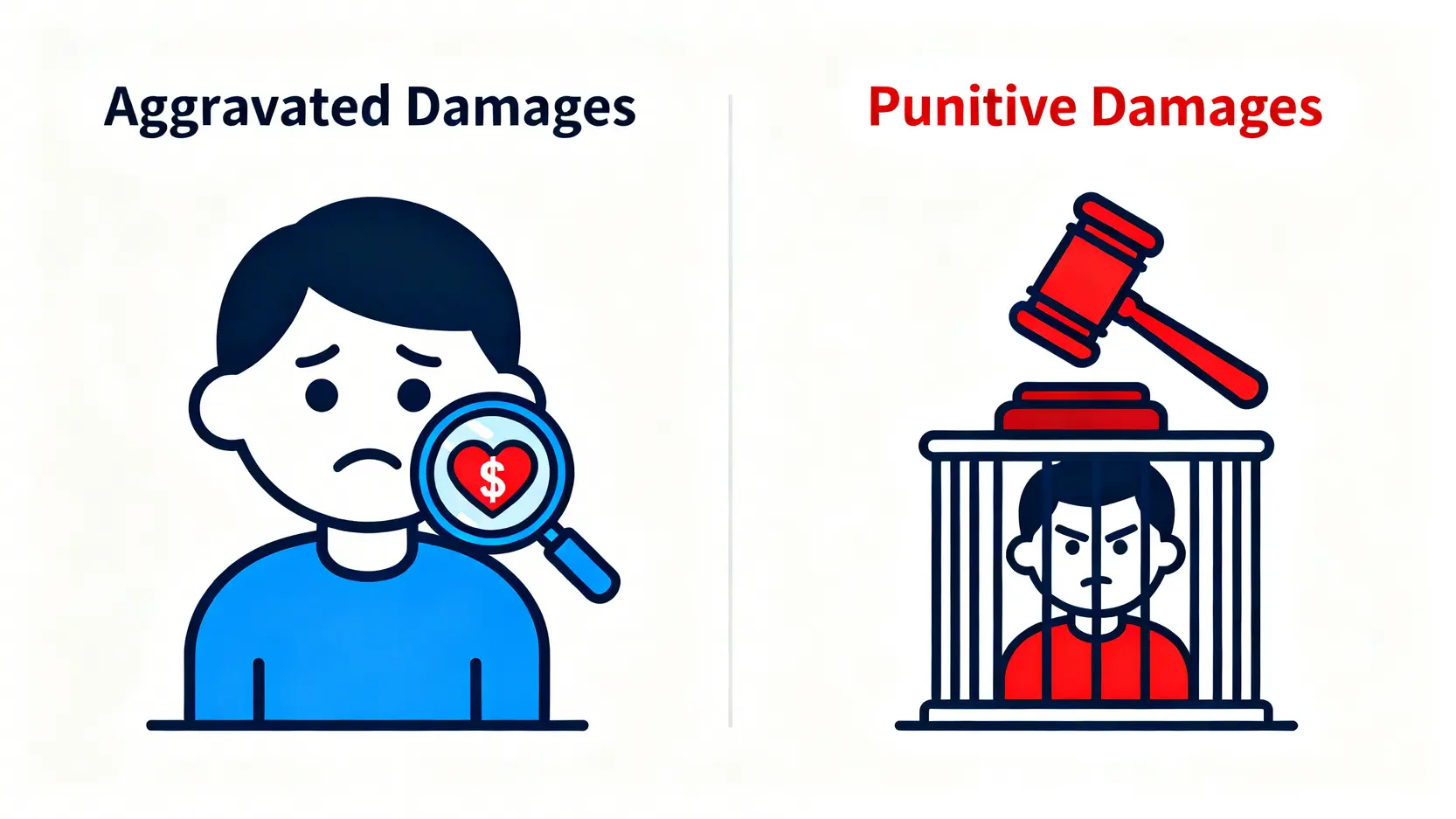 懲罰性損害賠償、精神創傷索償、加重性賠償全解析:定義、條件與索償金額 4 加重性與懲罰性損害賠償的對比圖。左邊顯示對原告情感傷害的補償,右邊顯示對被告惡劣行為的懲罰。