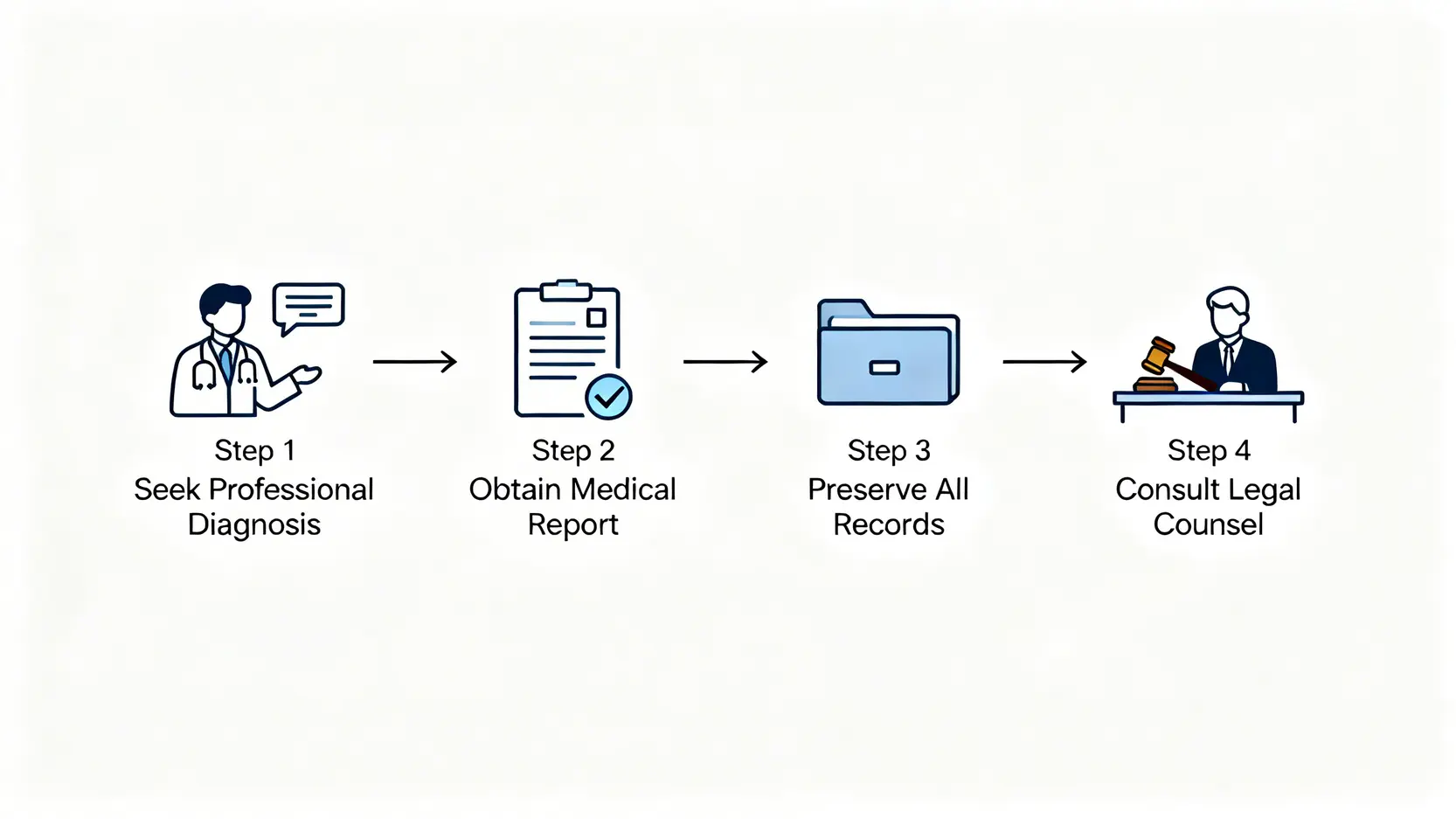 懲罰性損害賠償、精神創傷索償、加重性賠償全解析:定義、條件與索償金額 5 精神創傷索償流程圖,包含四個步驟:尋求專業診斷、獲取醫療報告、保存所有記錄、諮詢法律意見。