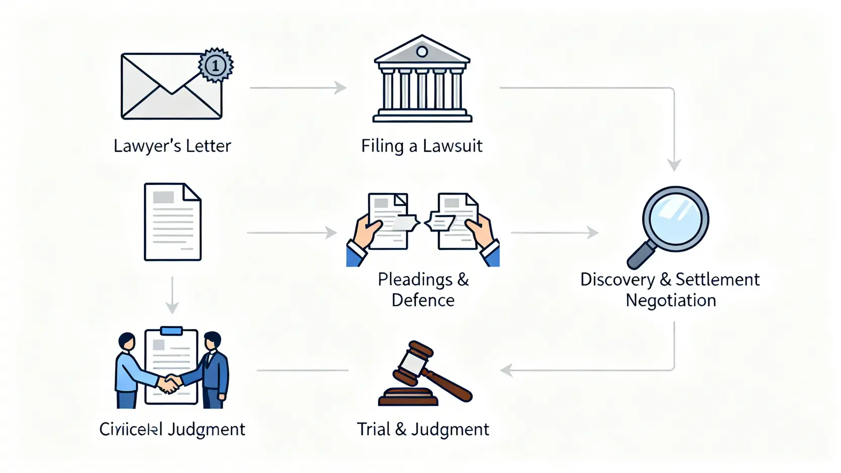 香港民事索償程序全攻略:5步追討賠償、人身傷亡時限及律師費用 3 民事索償五大核心階段流程圖,從律師信到法庭審訊。