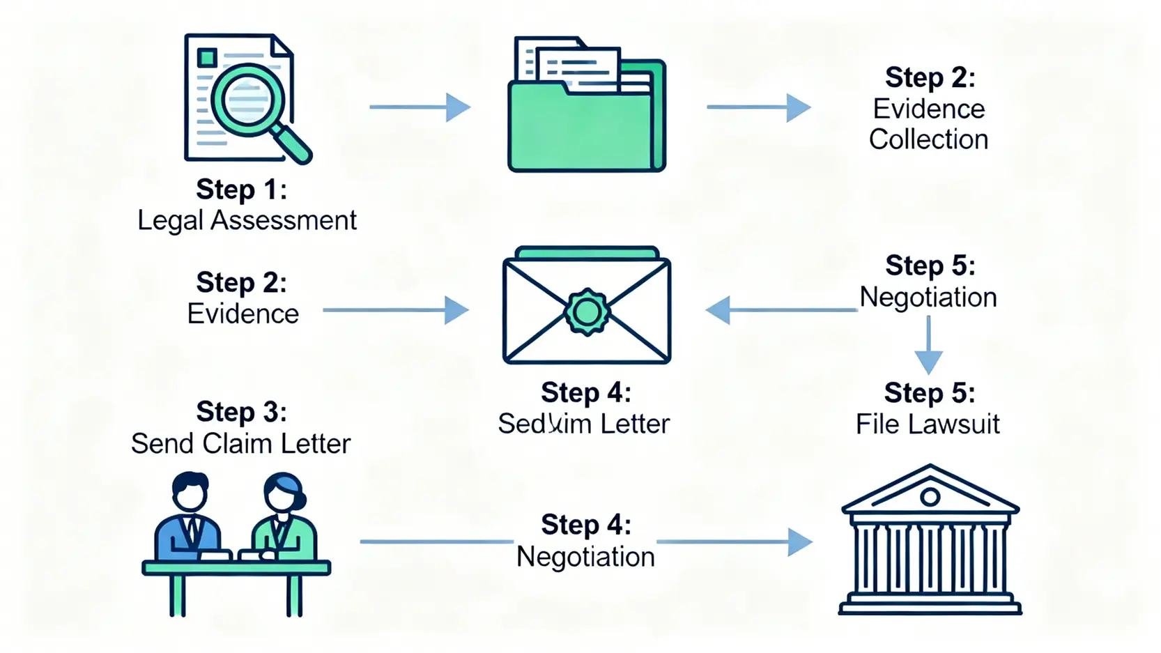 疏忽索償全攻略:教你分清定義、醫療案例及專業索償流程 5 疏忽索償的五個步驟流程圖,從法律評估到正式提出訴訟。
