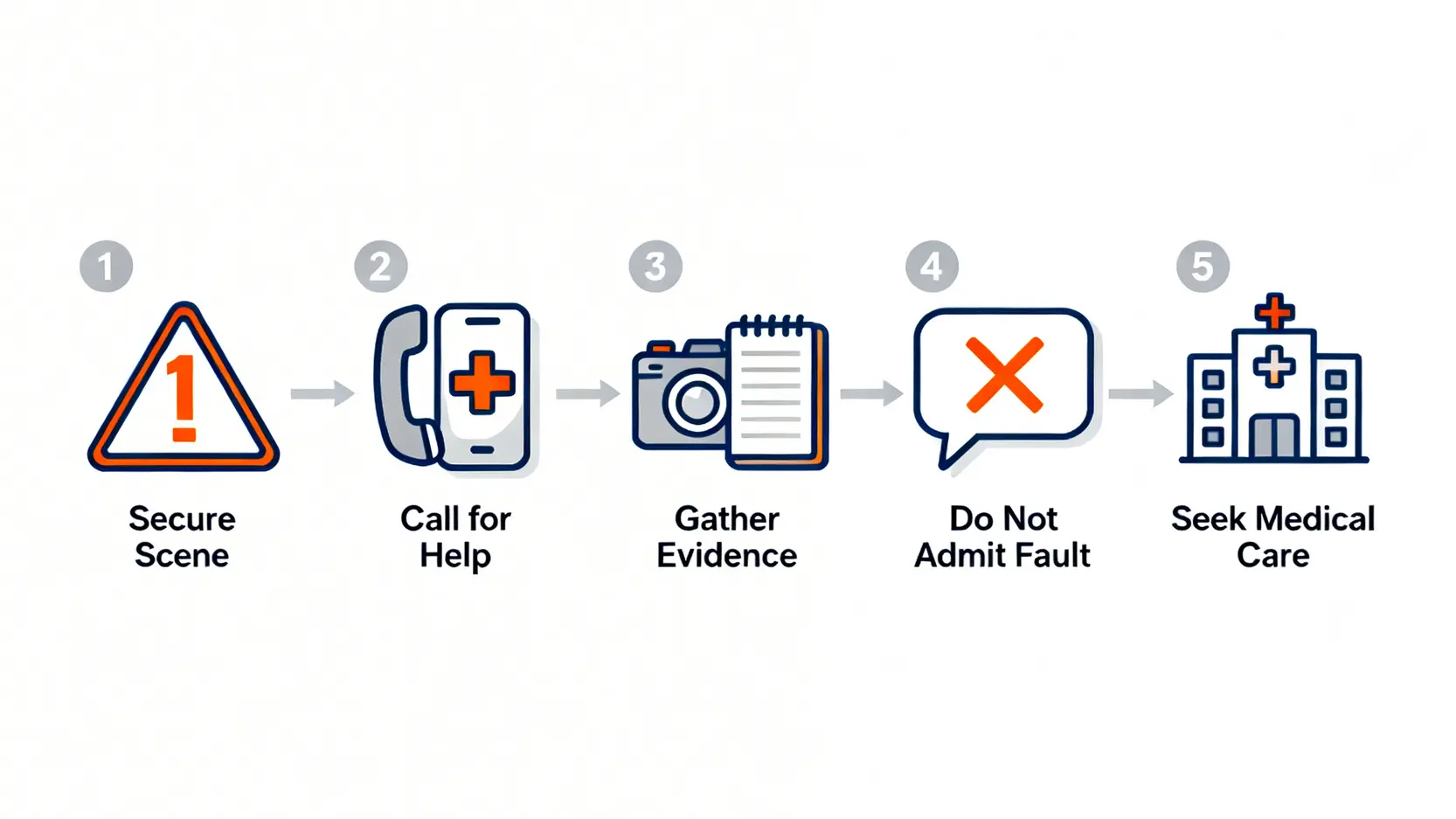 交通意外索償全攻略:律師教你車撞人賠償程序、第三者保險索償及和解關鍵 3 交通意外即時處理黃金5步驟流程圖,包含確保安全、報警、搜證、切勿承認責任和求醫。
