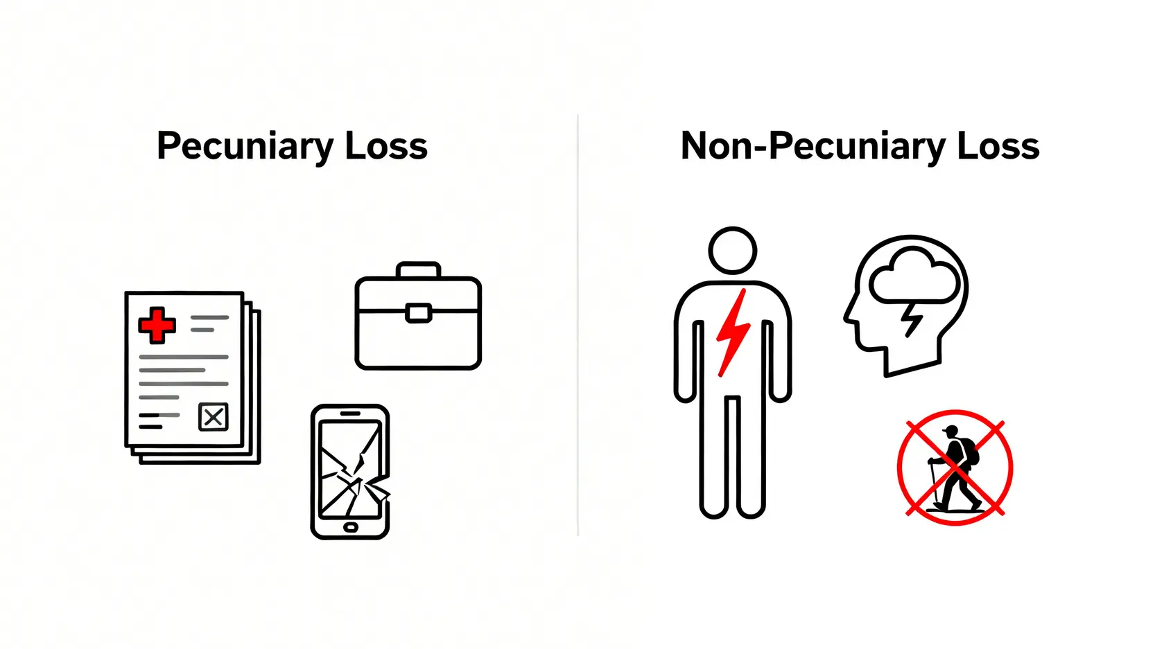 賠償金額計算指南:律師教你精準評估索償額、精神損失賠償 3 一張對比圖,左側標題為「實質損失」,下方有醫療單據、薪金和損壞財物的圖標;右側標題為「非實質損失」,下方有疼痛、精神痛苦和生活不便的圖標。