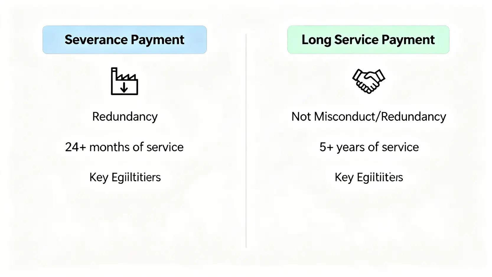 勞工法例解僱賠償:搞錯1步或被告?香港僱傭條例終止合約4大重點 4 遣散費與長期服務金的對比圖,顯示兩者的領取資格差異,例如服務年期和離職原因。