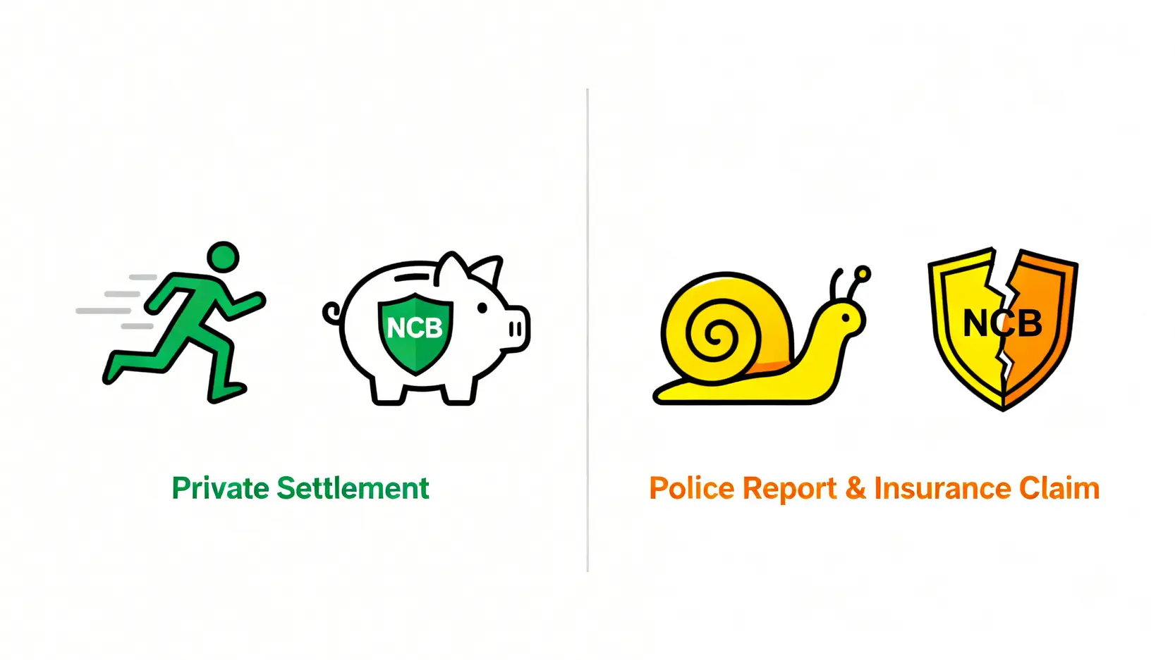 【刮花車身賠償全攻略】私了定Claim燕梳?5步教你點處理兼避開NCB陷阱! 4 「私了」和解與報警索償的優缺點對比圖,顯示了兩者在處理速度和對NCB影響上的差異。