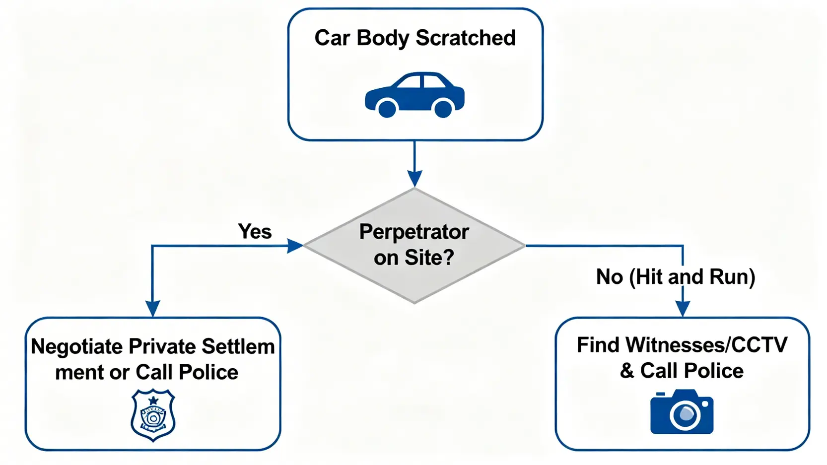 【刮花車身賠償全攻略】私了定Claim燕梳?5步教你點處理兼避開NCB陷阱! 3 發現車身被刮花後的處理流程圖,區分肇事者在場與肇事逃逸的不同應對方式。