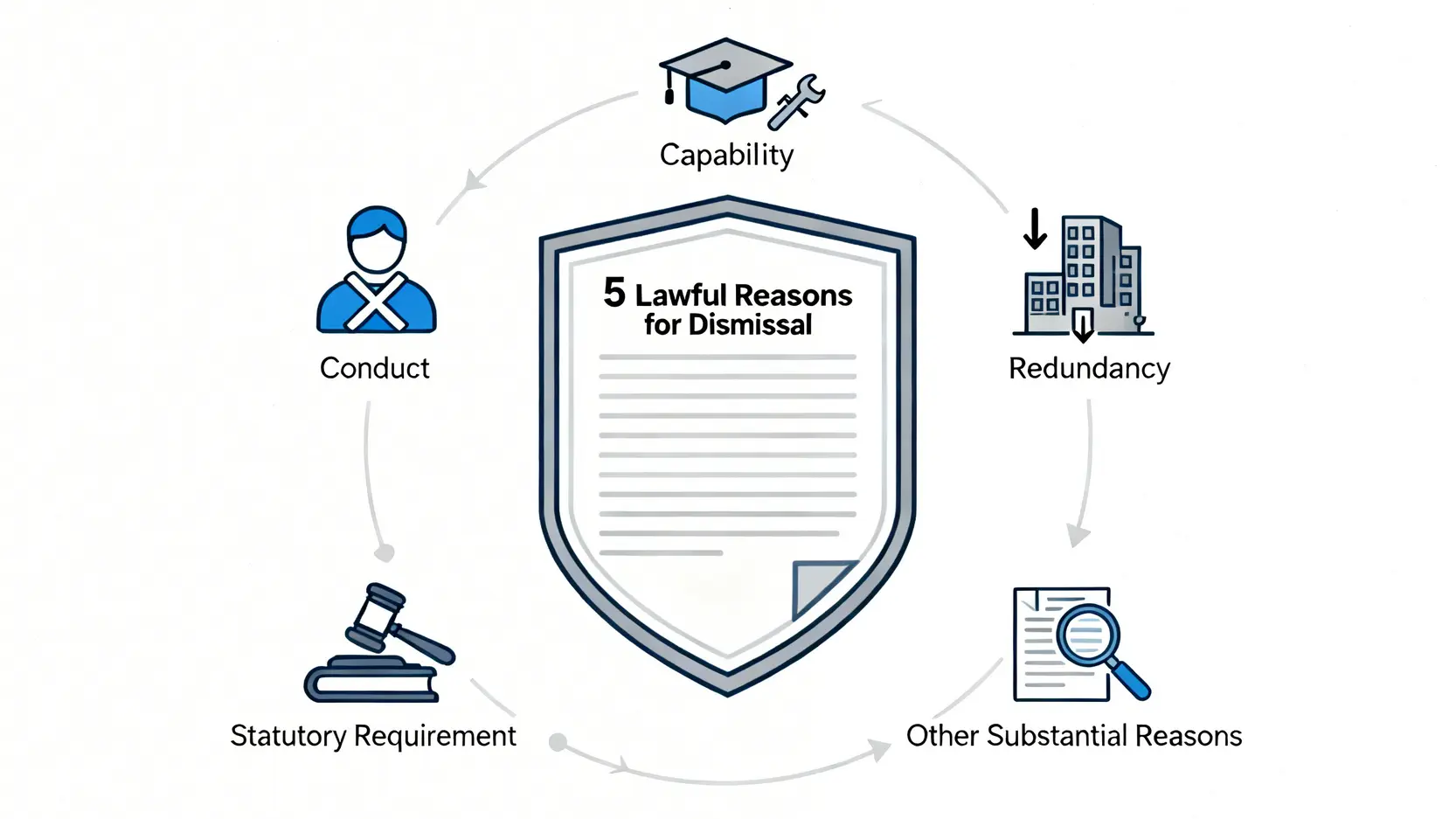 不合理解僱賠償全攻略:5步追討、勞工處申訴及僱傭條例指南 3 五個合法解僱理由的示意圖,包含僱員的行為、能力、裁員、法例規定和其他實質理由。