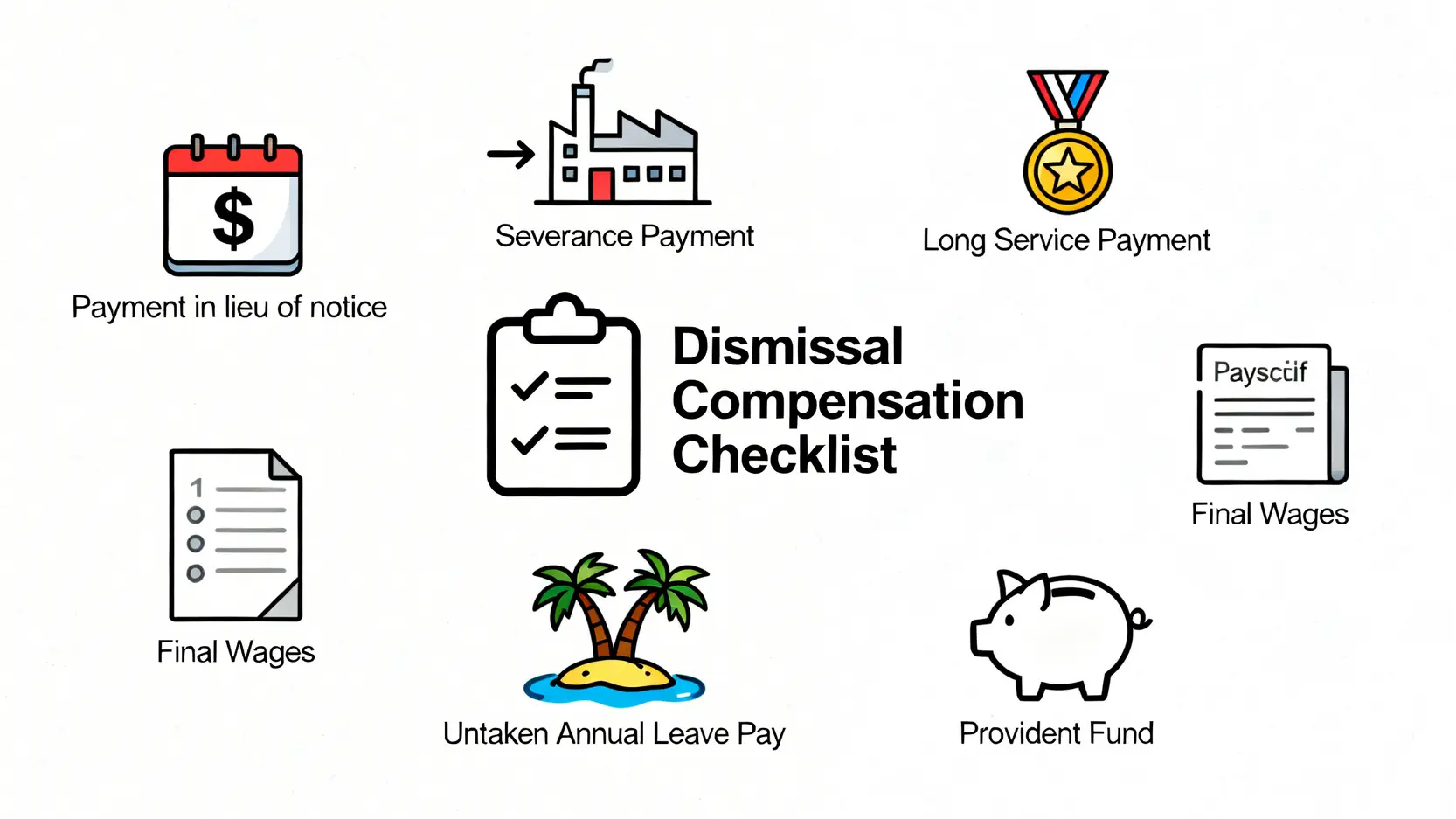 【公司炒人賠償】遣散費/長期服務金/代通知金計算懶人包 (附官方計算機) 3 一張圖表總結了香港解僱賠償的六大必收款項,包括代通知金、遣散費、長期服務金、尾糧、年假薪酬和強積金。