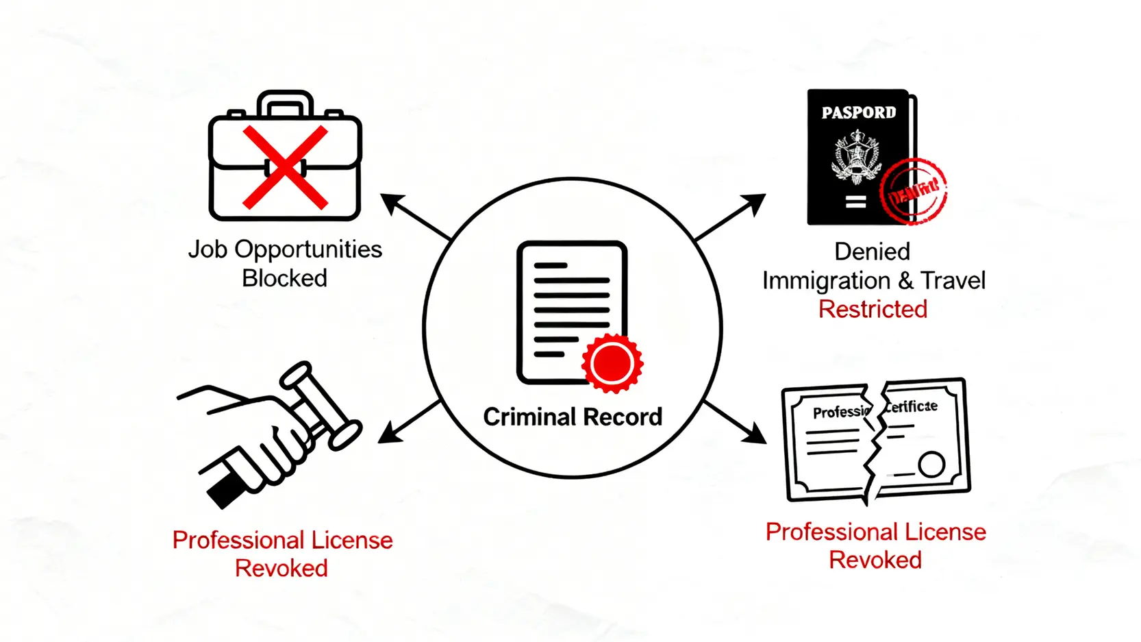 店舖盜竊會留案底嗎?律師詳解香港盜竊罪刑罰、自首及求情全攻略 4 一張信息圖,展示了刑事案底對個人前途的長遠影響,包括求職困難、移民受阻以及專業資格可能被吊銷。