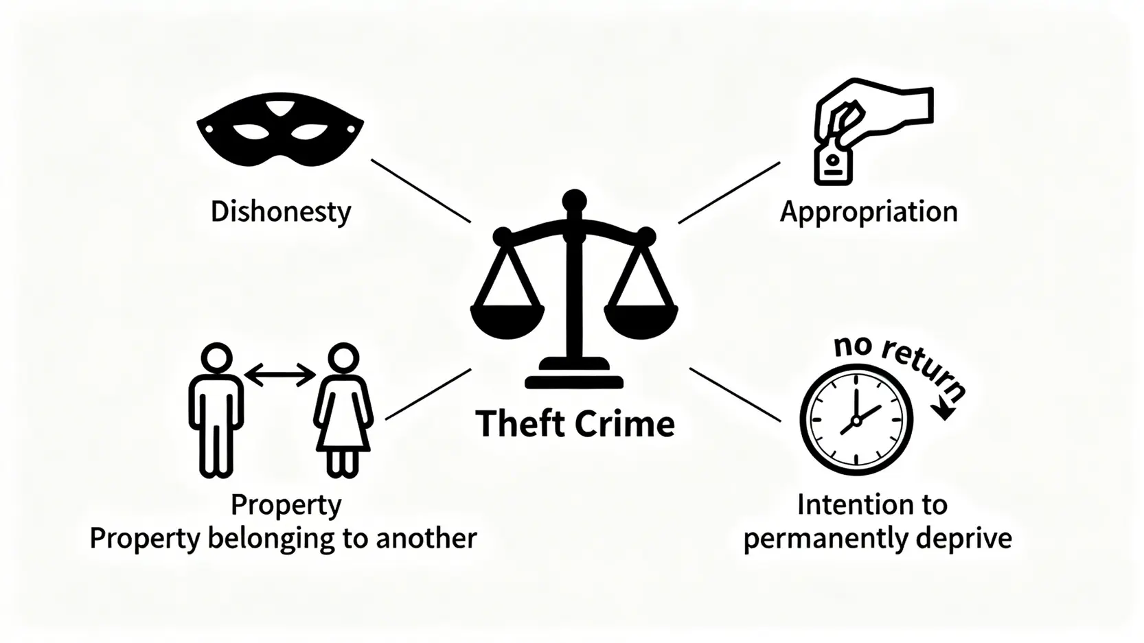 「香港盜竊罪條例」終極指南:詳解定義、4大構成要件與最高刑罰 3 盜竊罪四大構成要件示意圖,展示了不誠實、挪佔、屬於另一人的財產和意圖永久剝奪這四個要素如何共同構成盜竊罪。