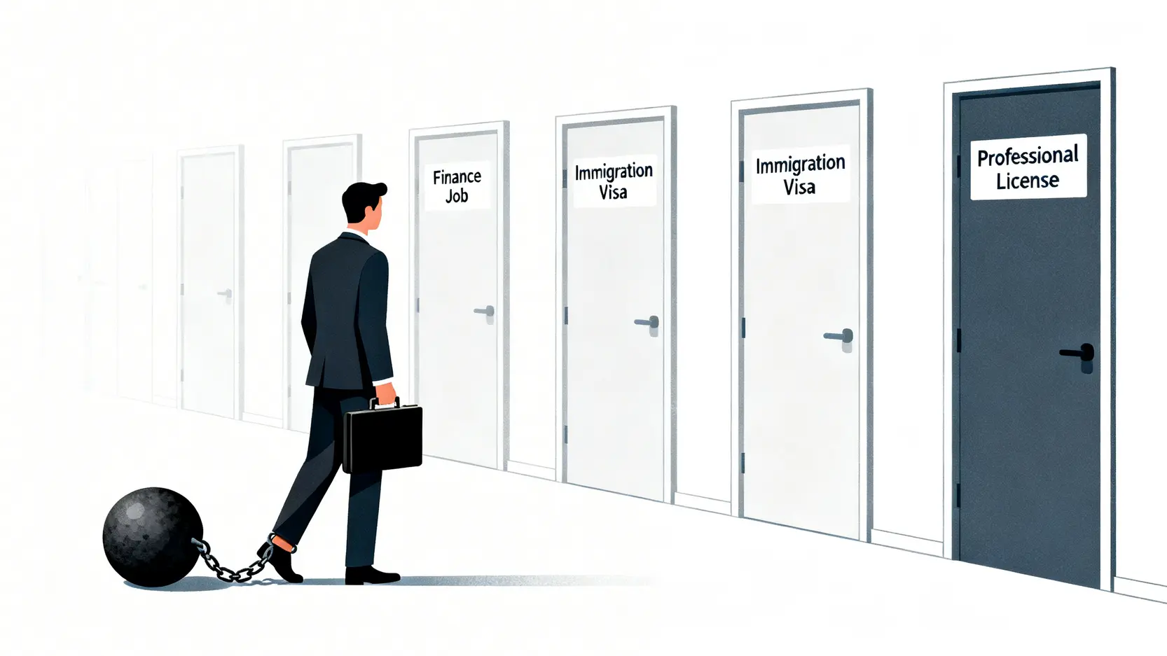 【2026香港盜竊罪全攻略】盜竊判刑標準、量刑因素一篇看懂,避免留下影響一生的案底 5 一名有盜竊案底的人,腳上被代表案底的鐵球鎖住,面對著標有「金融工作」、「移民簽證」等緊閉的機會大門。