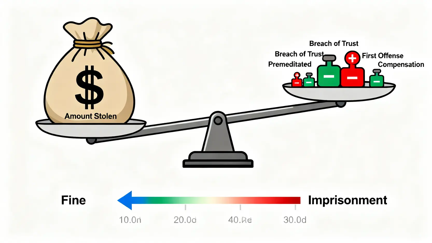 盜竊與搶劫罪分別在哪?一文看懂香港盜竊金額量刑標準(附公司盜竊處理) 3 盜竊罪量刑因素示意圖,一個天秤顯示盜竊金額、違反誠信等加重因素與初犯、賠償等減刑因素如何影響最終刑罰。