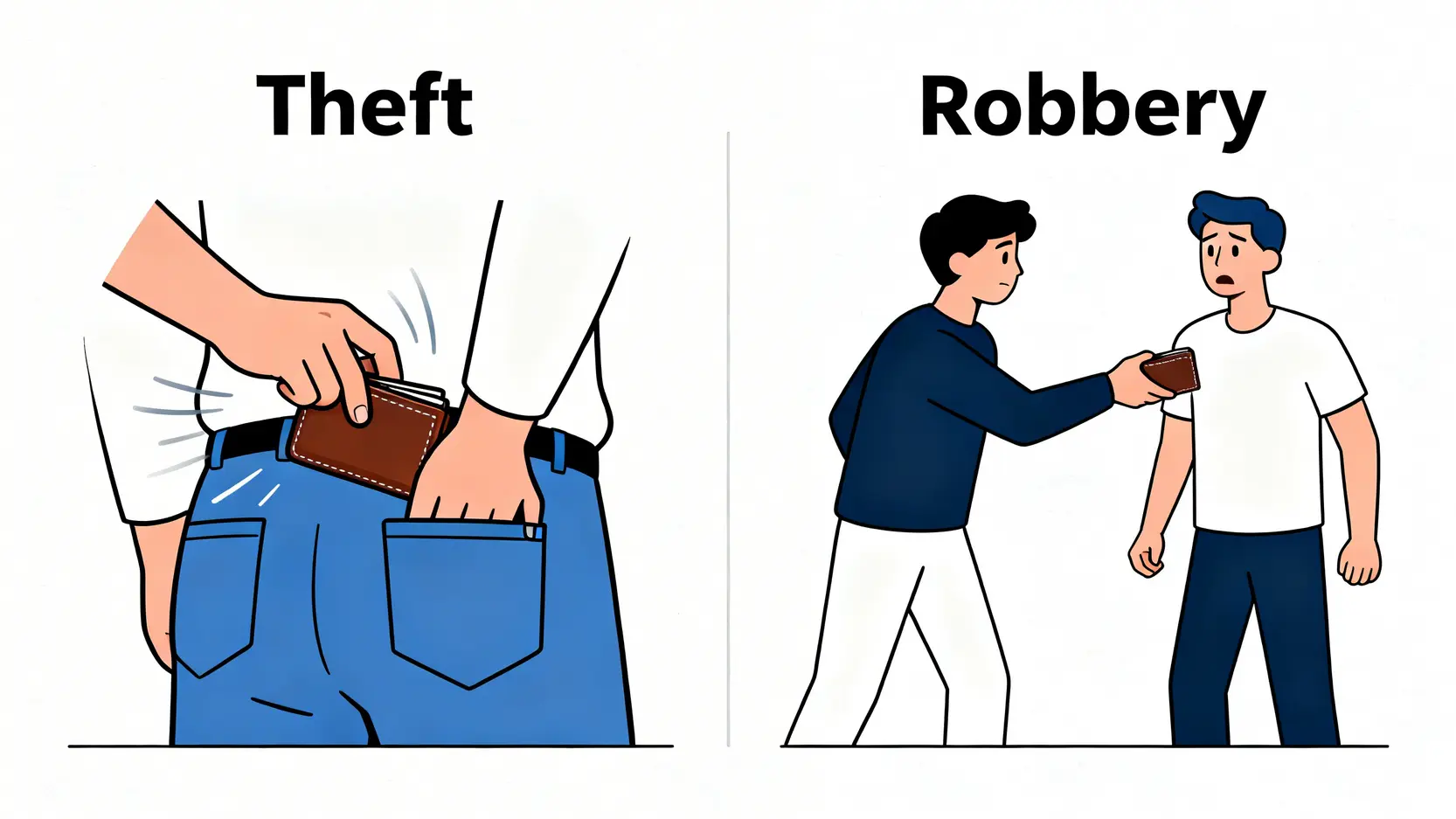 盜竊與搶劫罪分別在哪?一文看懂香港盜竊金額量刑標準(附公司盜竊處理) 4 盜竊罪與搶劫罪的分別圖解,左邊顯示偷偷拿走錢包的盜竊行為,右邊顯示使用威脅手段奪取錢包的搶劫行為。